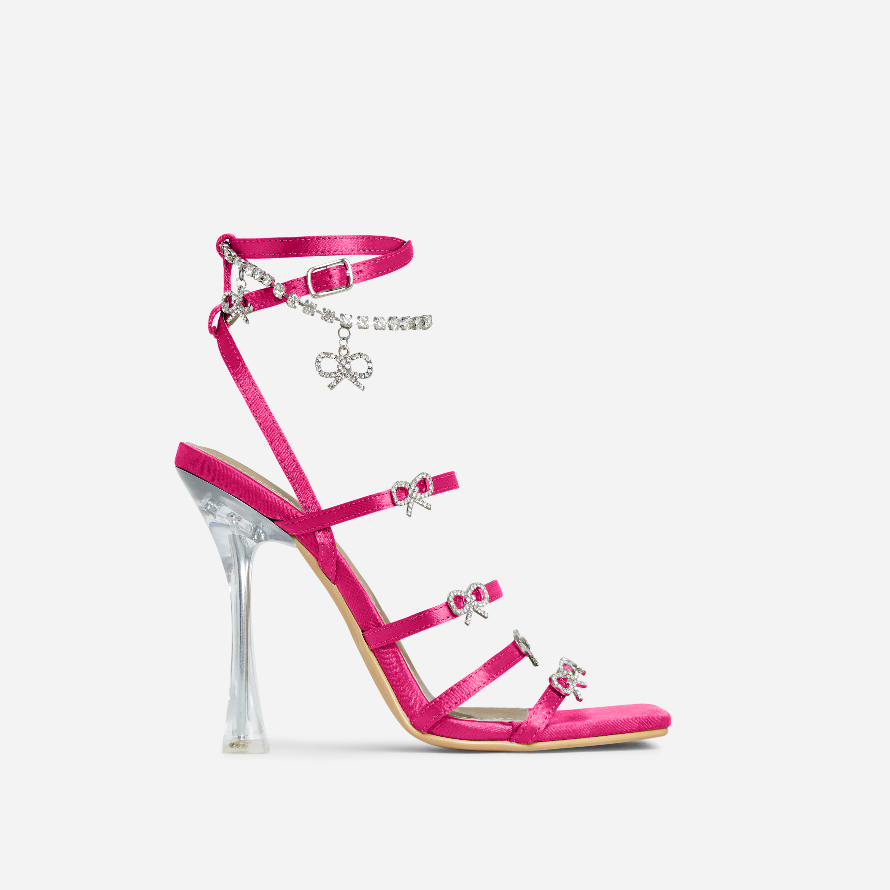 Maeve Strappy Diamante Bow Detail Square Toe Clear Perspex Heel In Pink Satin, Pink (EGO SHOES)