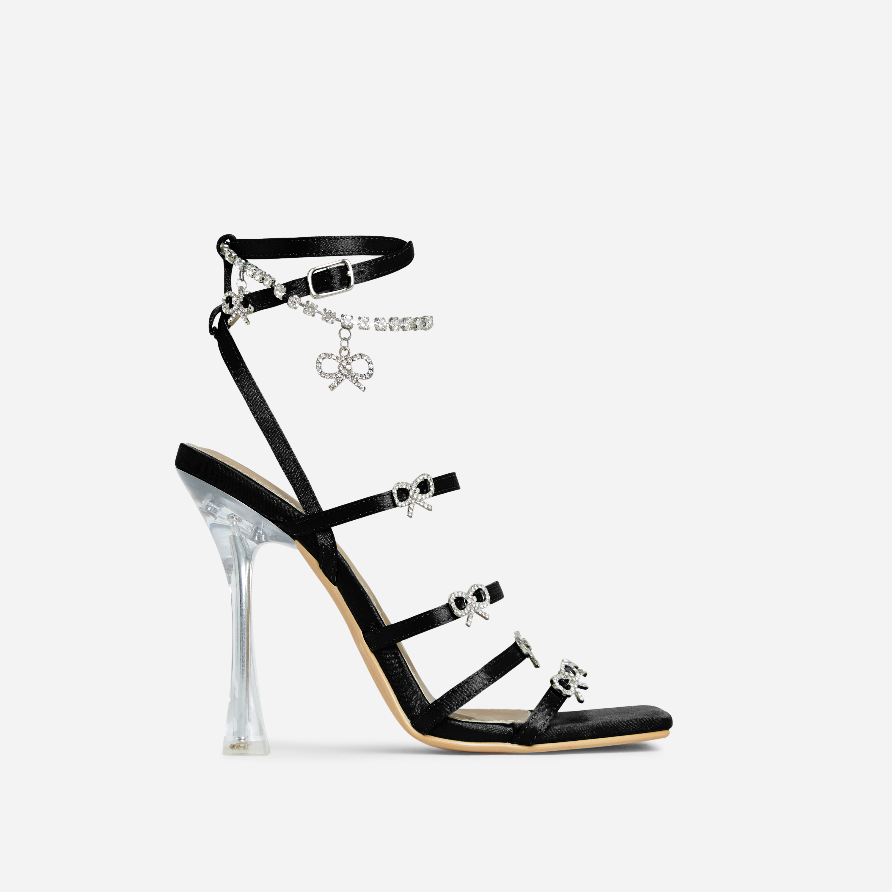 Maeve Strappy Diamante Bow Detail Square Toe Clear Perspex Heel In Black Satin, Black (EGO SHOES)