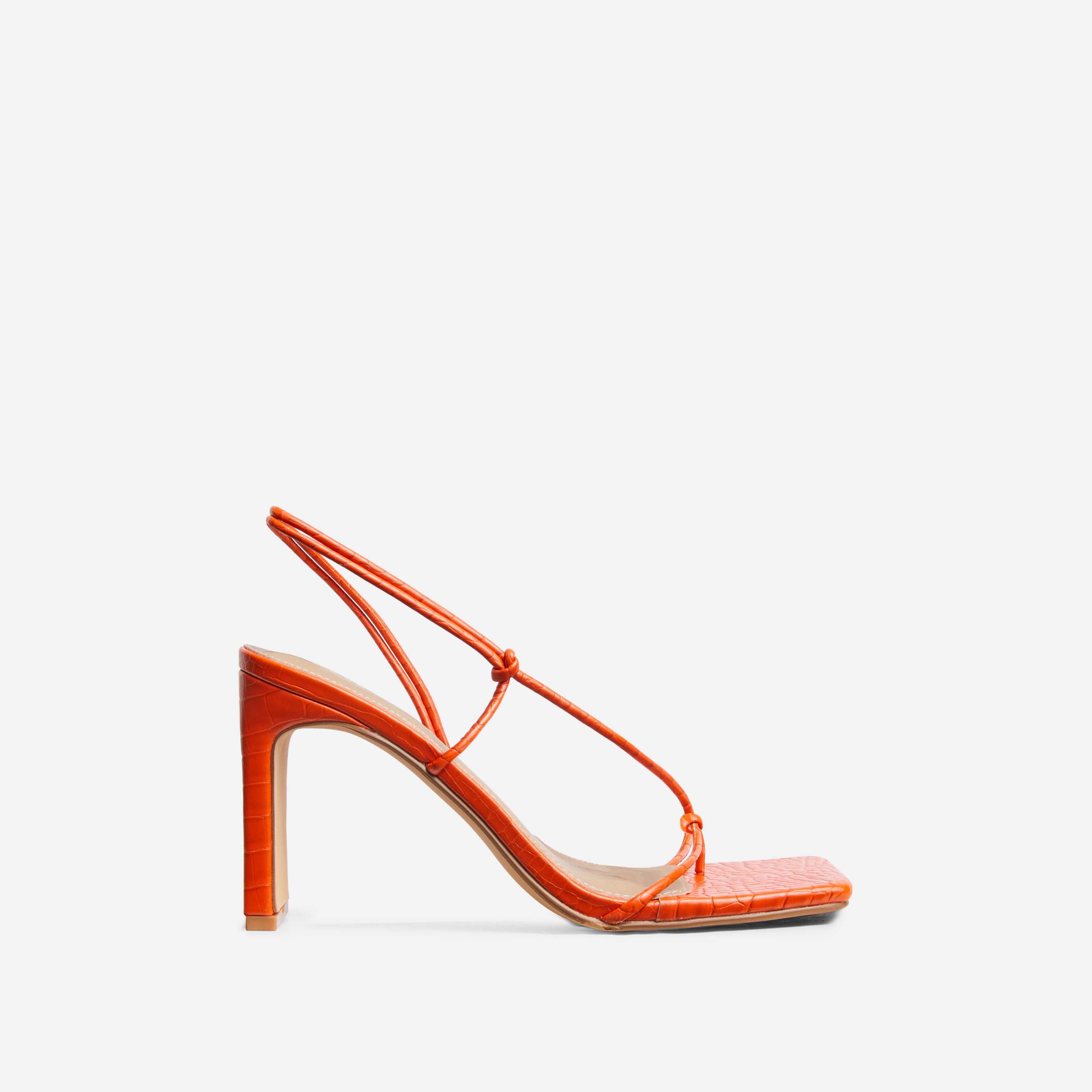 Marble Square Toe Knot Detail Heel In Orange Croc Print Faux Leather, Orange (EGO SHOES)