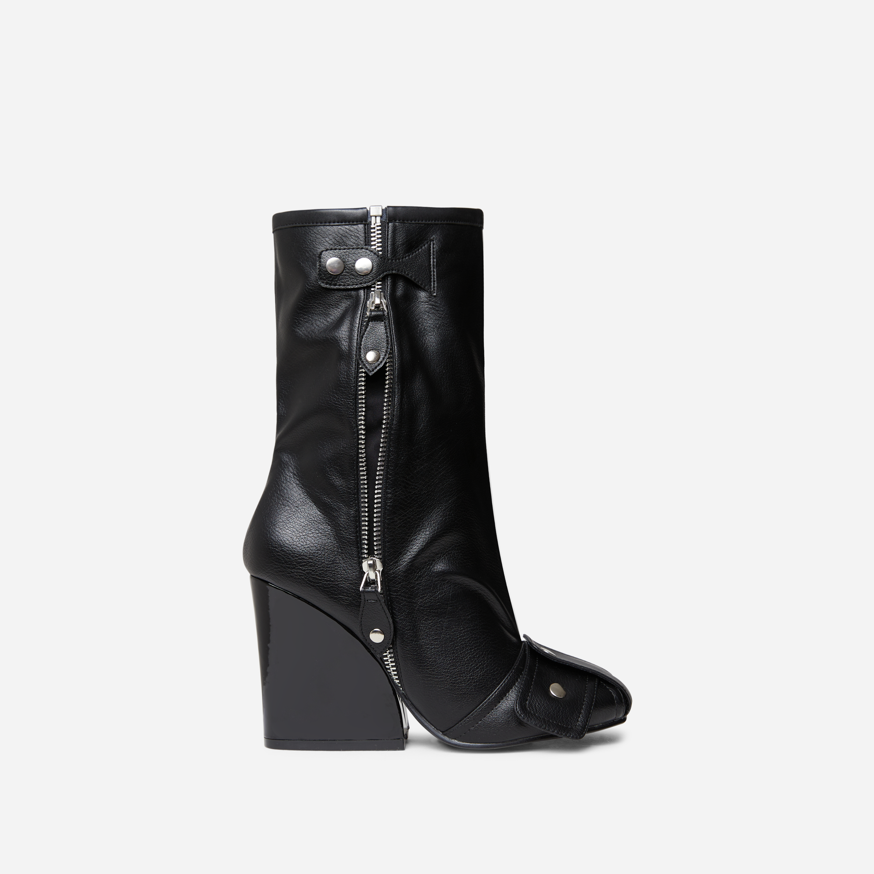 Mayu Buckle Detail Square Toe Wedge Heel Ankle Biker Boot In Black Faux Leather, Black (EGO SHOES)