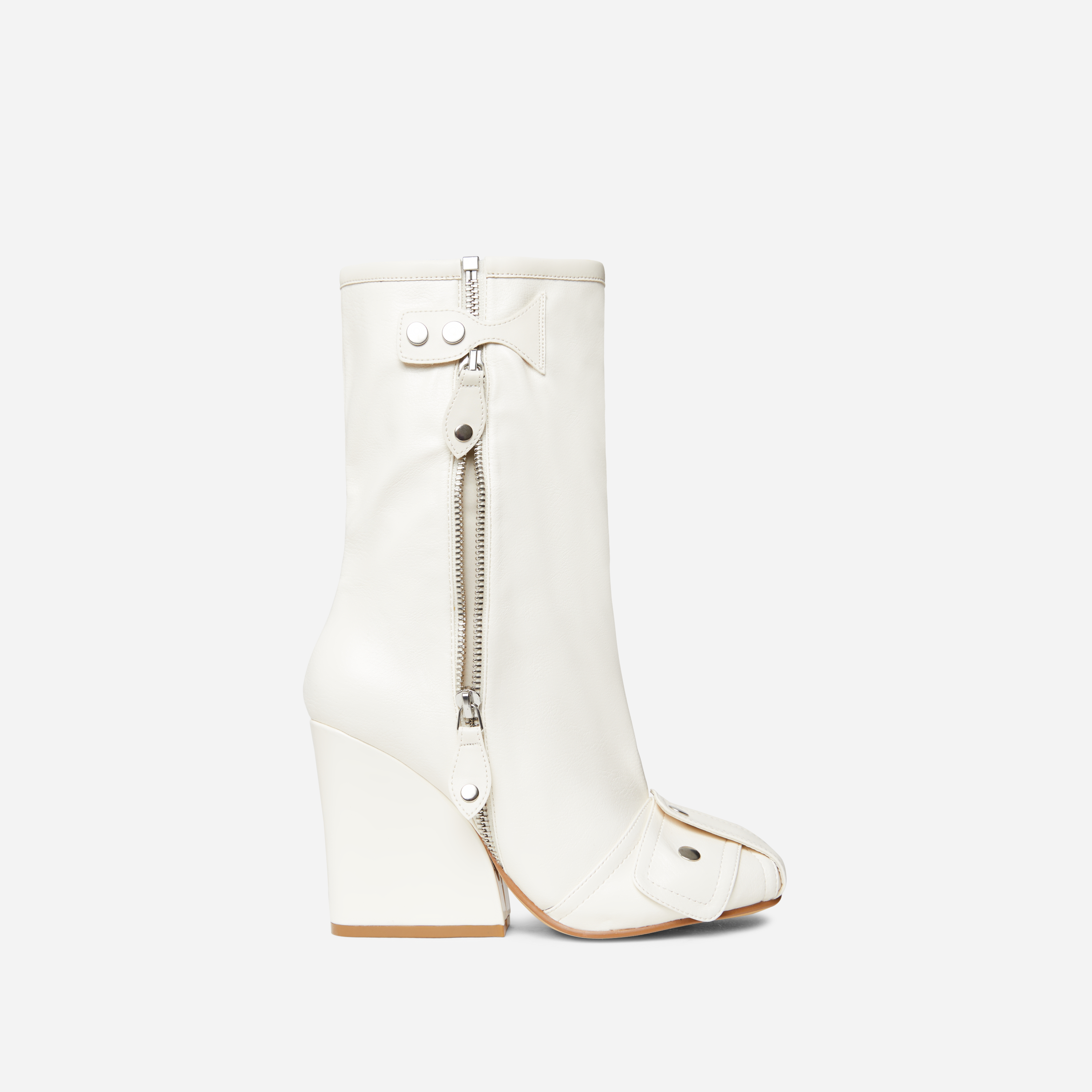 Mayu Buckle Detail Square Toe Wedge Heel Ankle Biker Boot In Cream Nude Faux Leather, Nude (EGO SHOES)