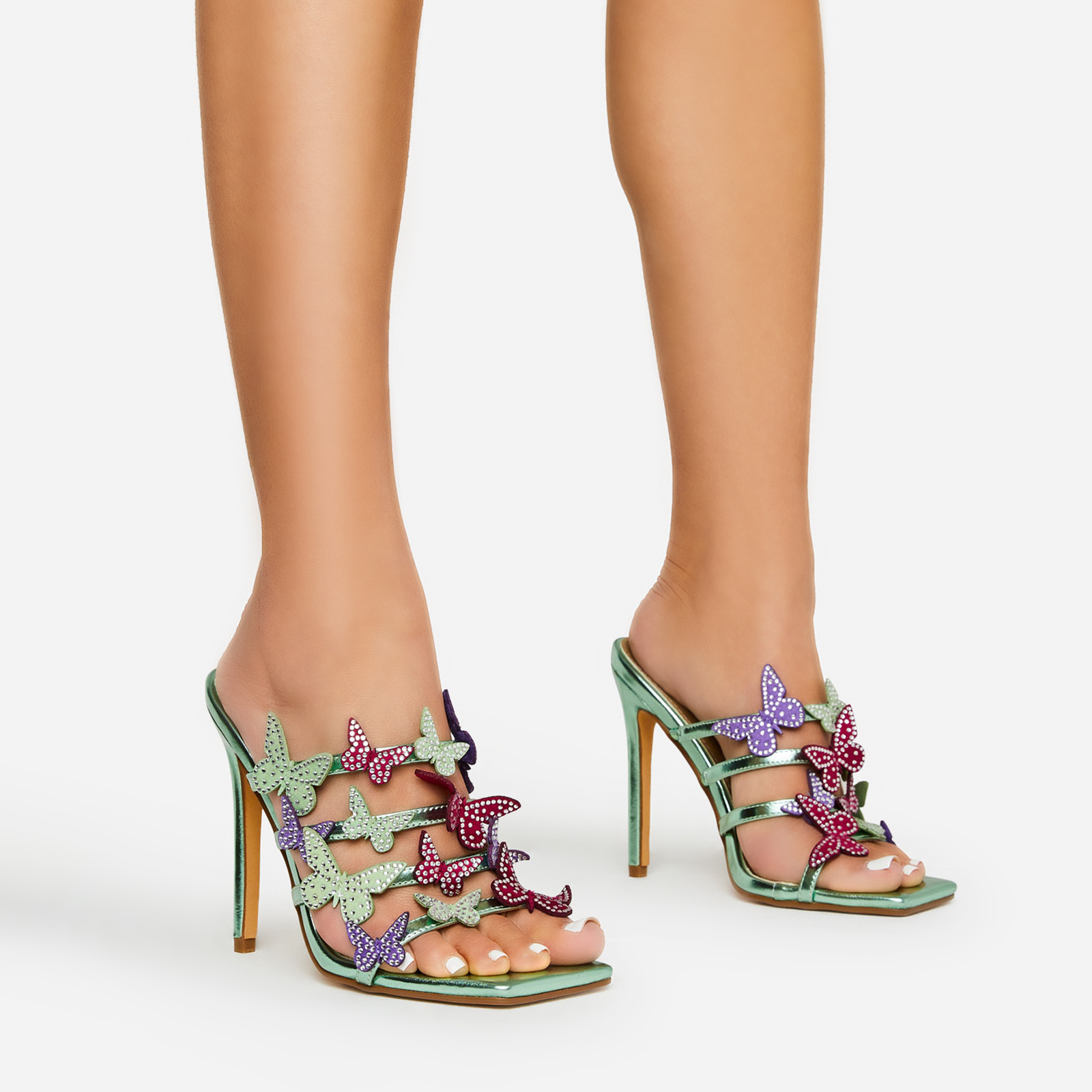 Metamorphosis Diamante Butterfly Detail Strappy Square Toe Stiletto Heel Mule In Green Metallic Faux Leather, Green (EGO SHOES)