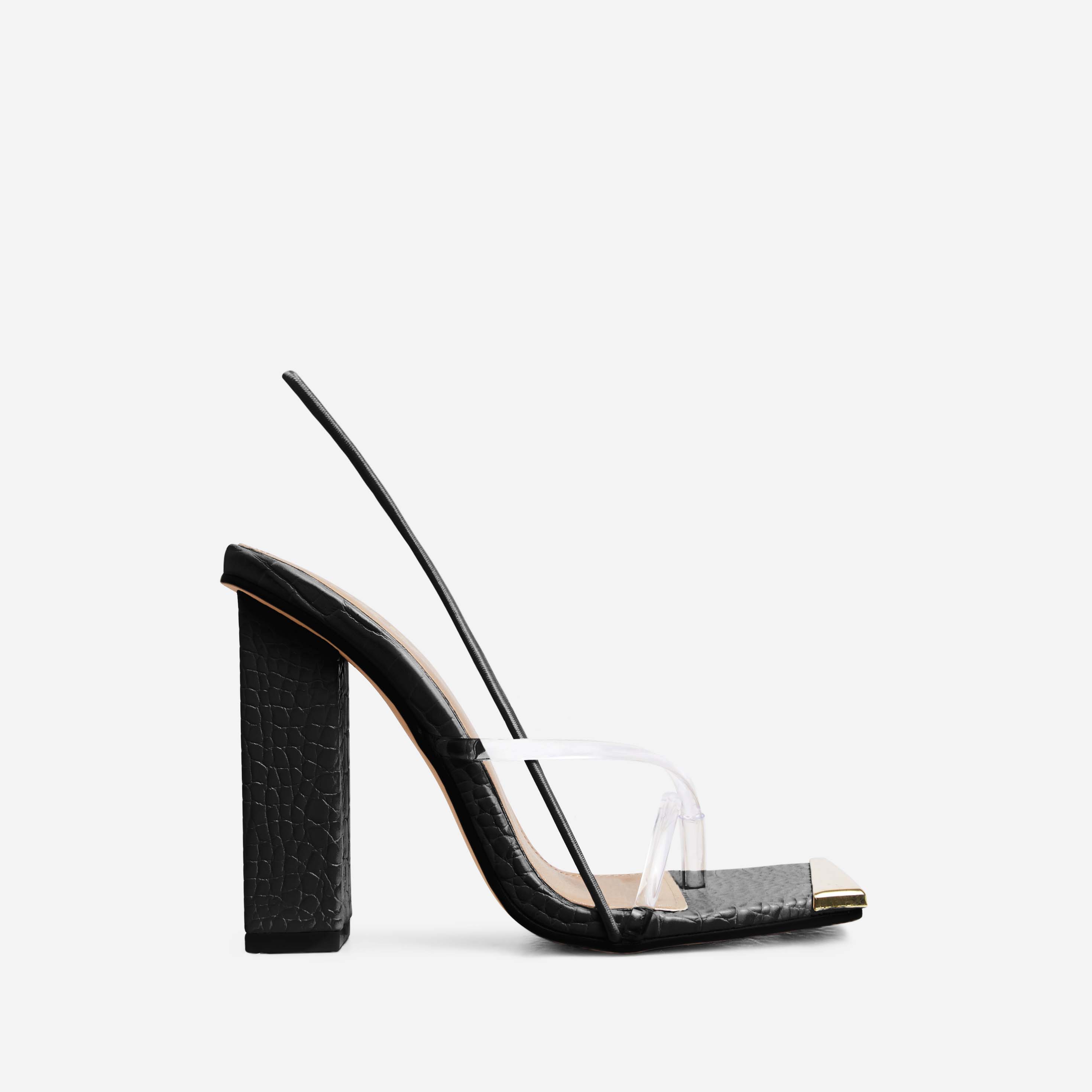 Milkyway Perspex Cross Strap Square Toe Slingback Block Heel In Black Croc Print Faux Leather, Black (EGO SHOES)