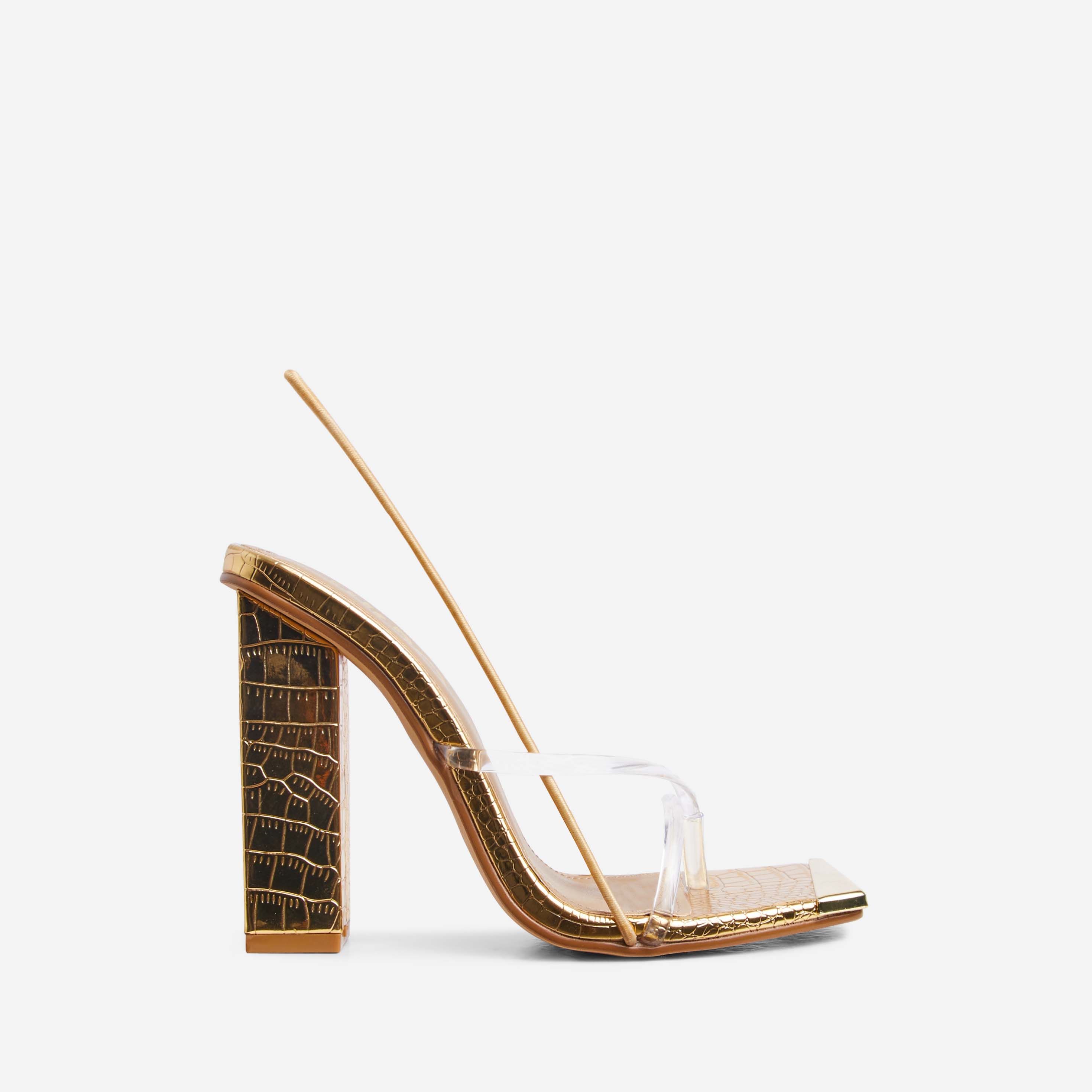 Milkyway Perspex Cross Strap Square Toe Slingback Block Heel In Gold Croc Print Faux Leather, Gold (EGO SHOES)