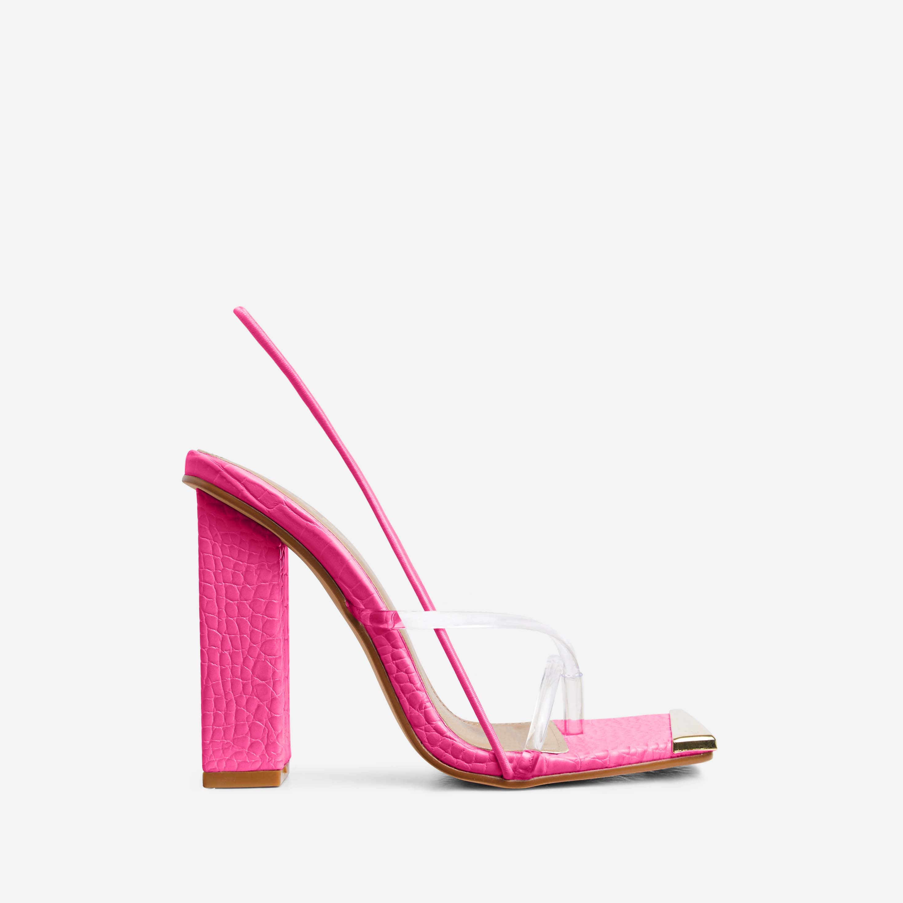 Milkyway Perspex Cross Strap Square Toe Slingback Block Heel In Pink Croc Print Faux Leather, Pink (EGO SHOES)