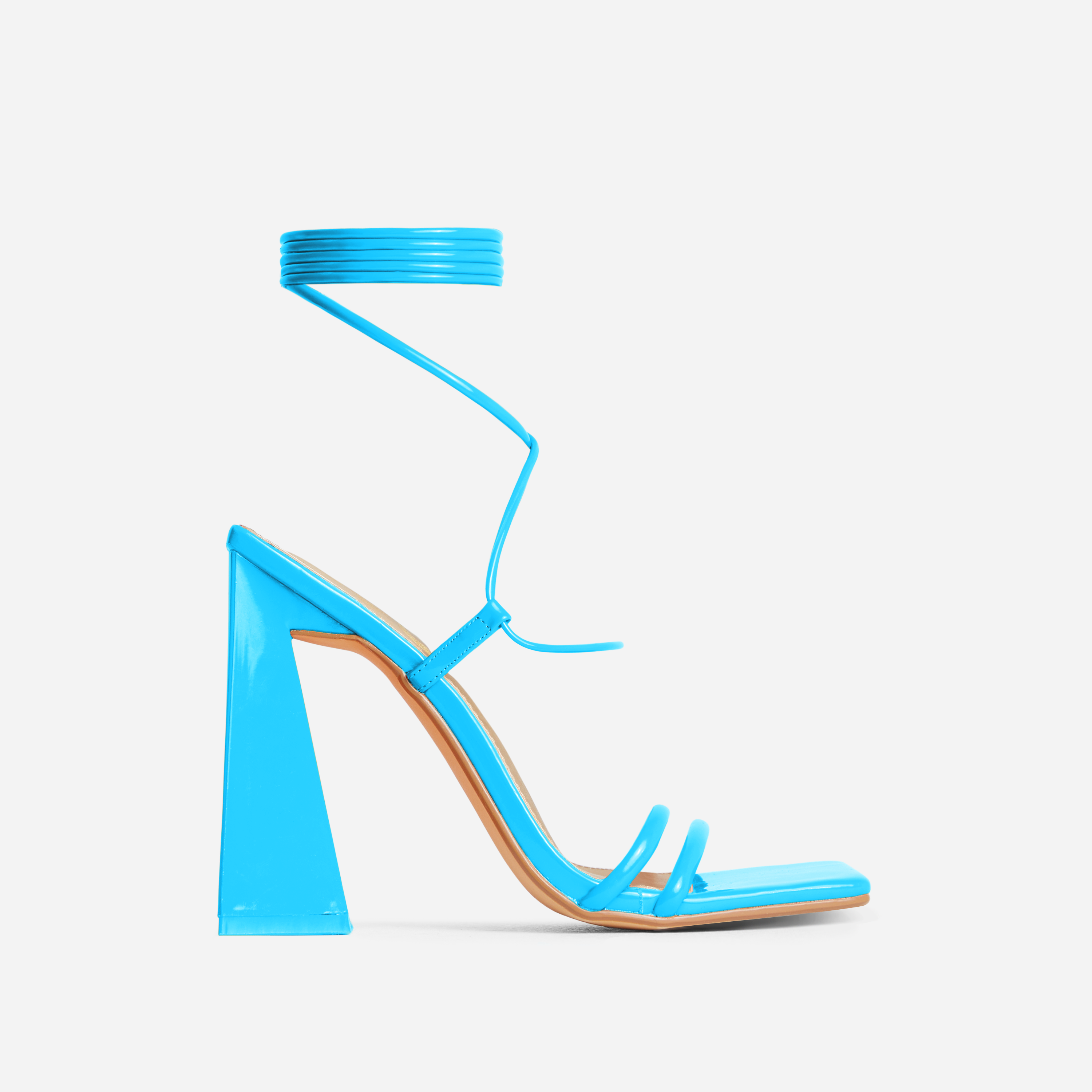 My-Universe Lace Up Strappy Square Toe Flared Block Heel In Blue Patent, Blue (EGO SHOES)