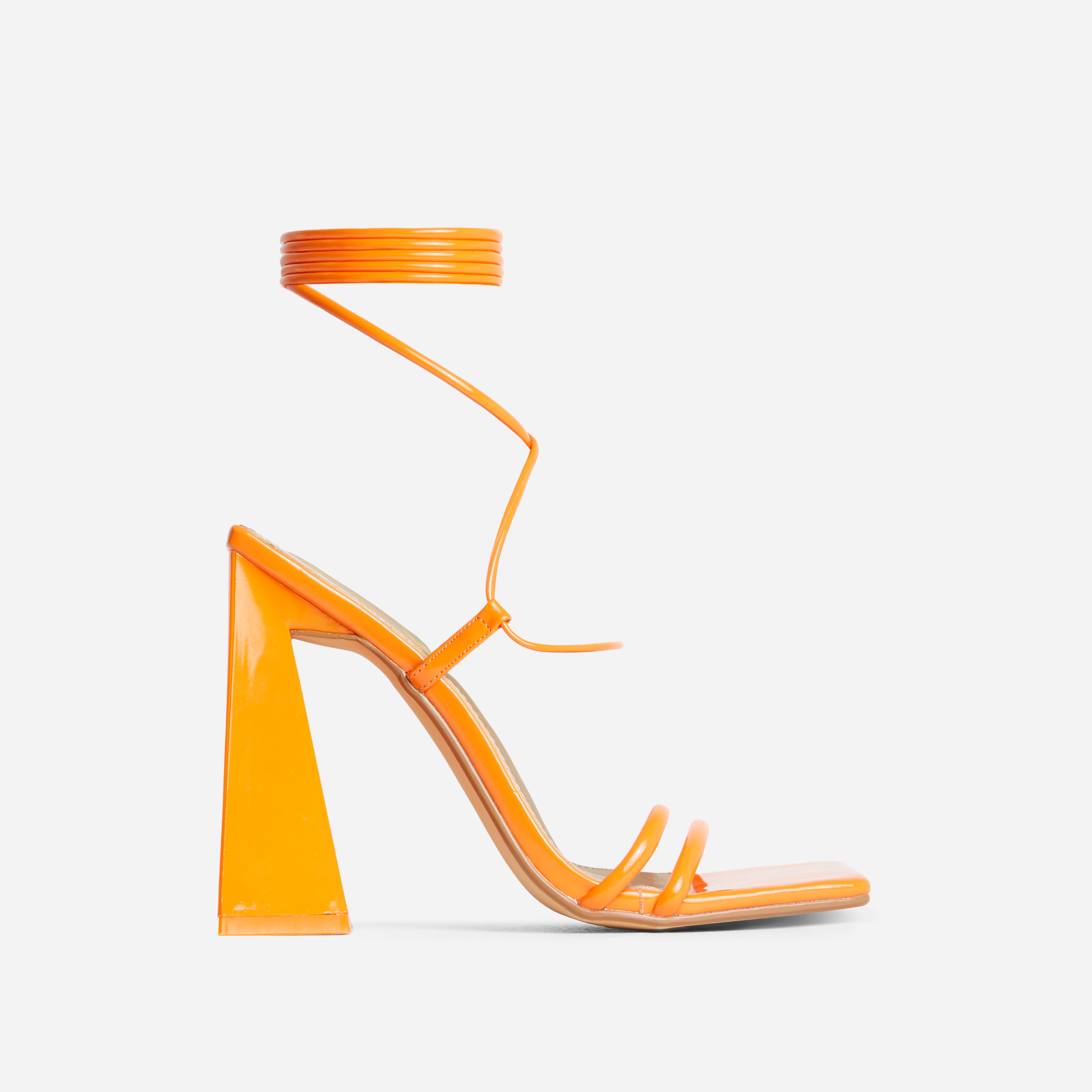 My-Universe Lace Up Strappy Square Toe Flared Block Heel In Orange Patent, Orange (EGO SHOES)