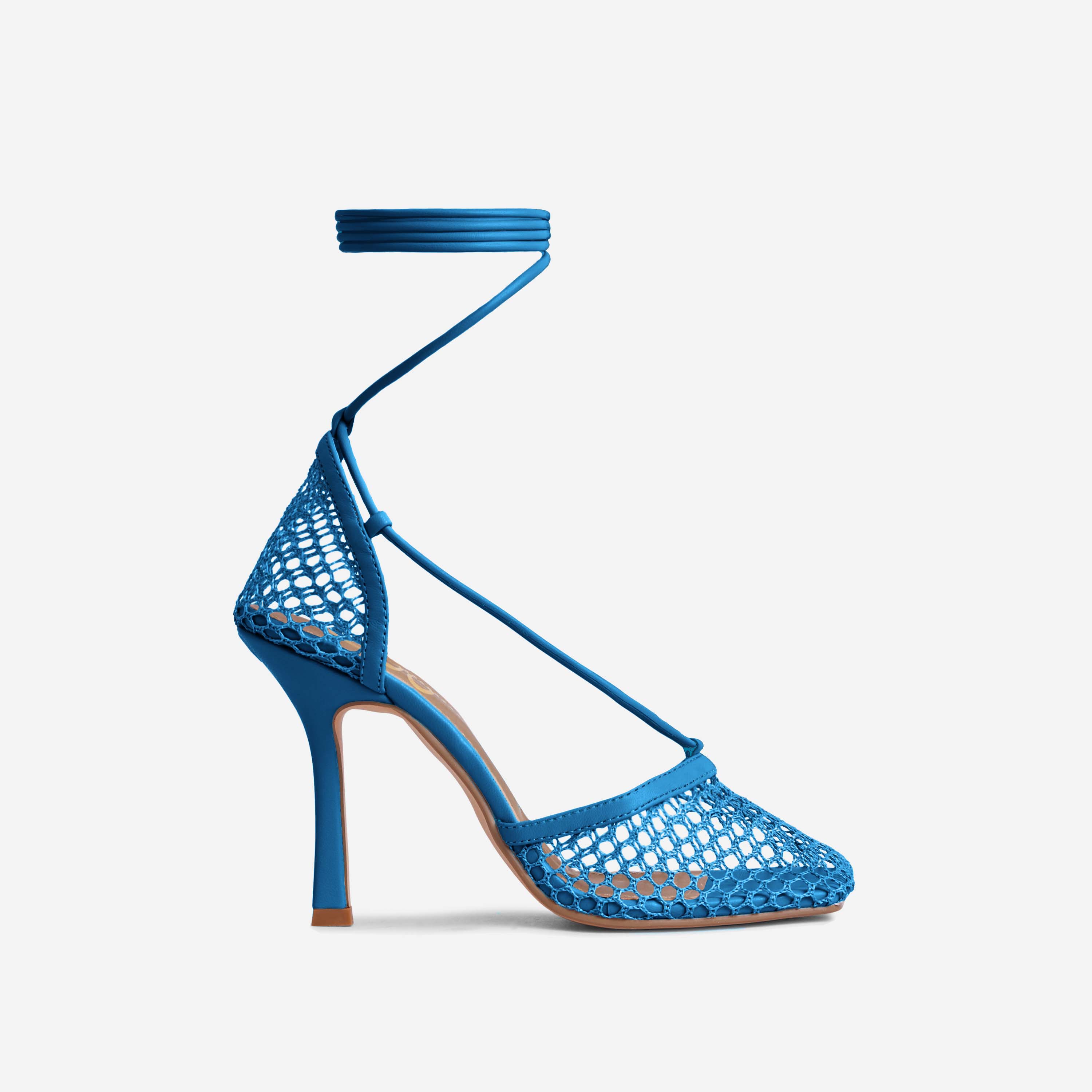 New-Me Lace Up Square Toe Court Heel In Teal Blue Fishnet, Blue (EGO SHOES)