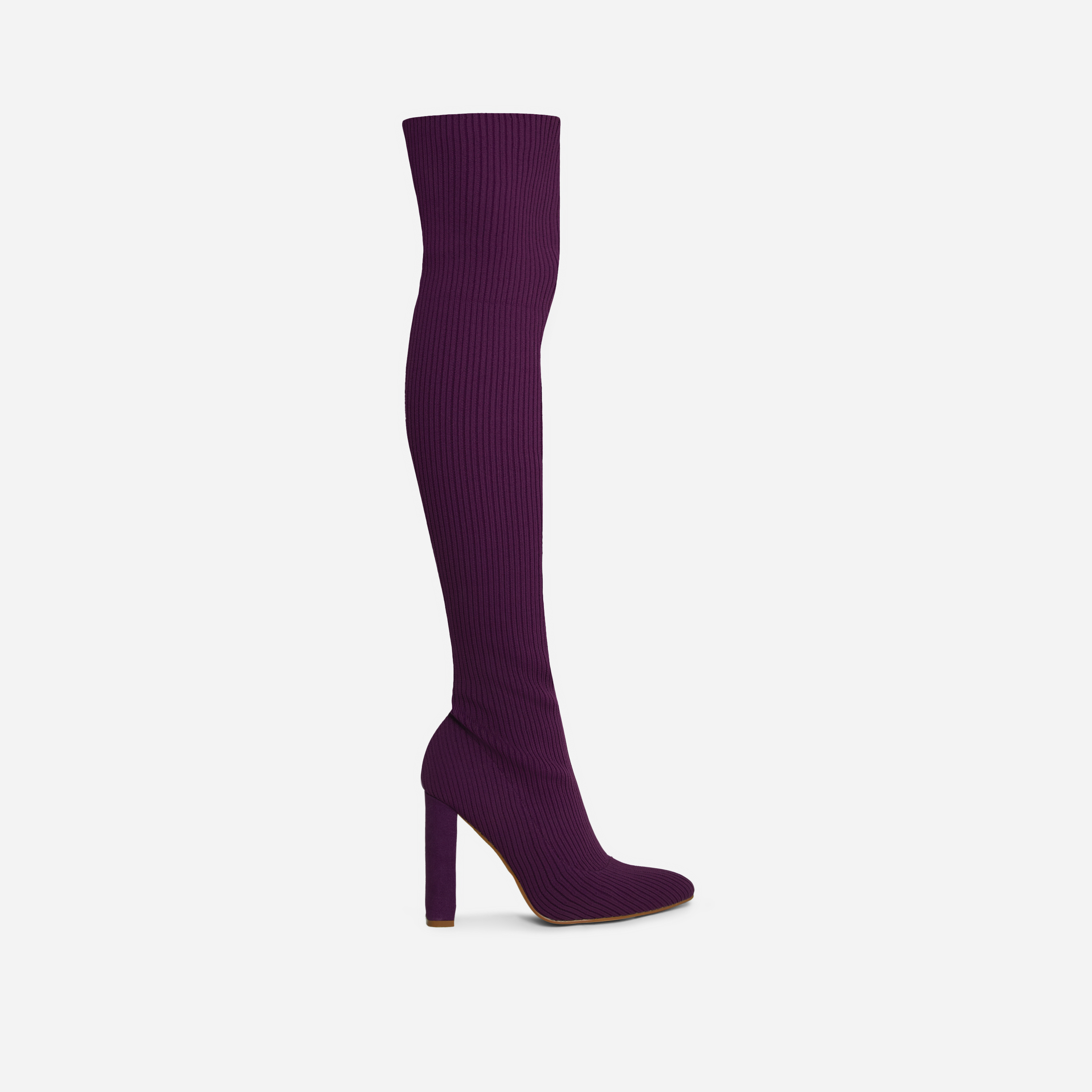 Only-Fans Wide Fit Block Heel Over The Knee Thigh High Long Sock Boot In Purple Ribbed Knit, Purple (EGO SHOES)