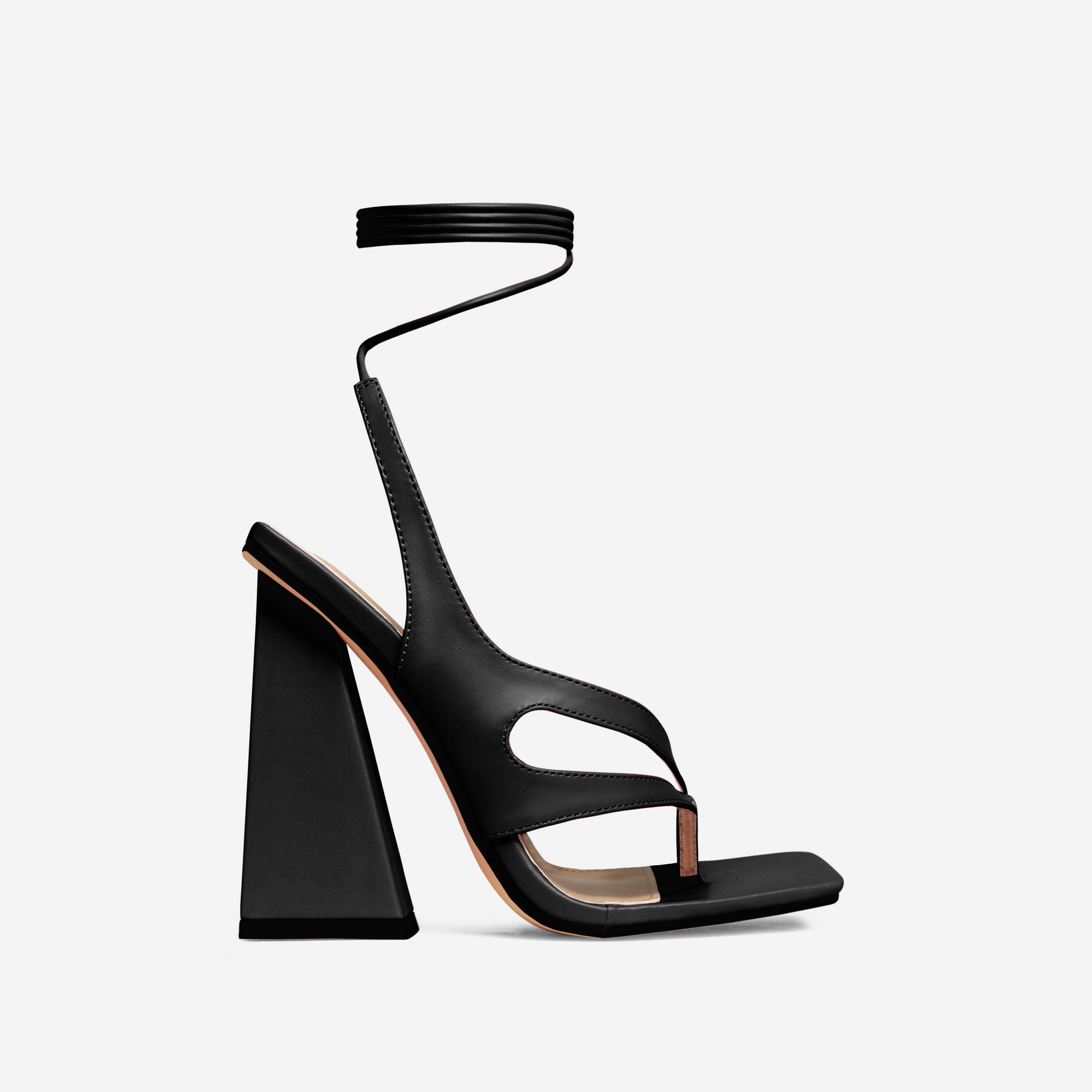 On-My-Soul Lace Up Strappy Square Toe Sculptured Flared Block Heel In Black Faux Leather, Black (EGO SHOES)