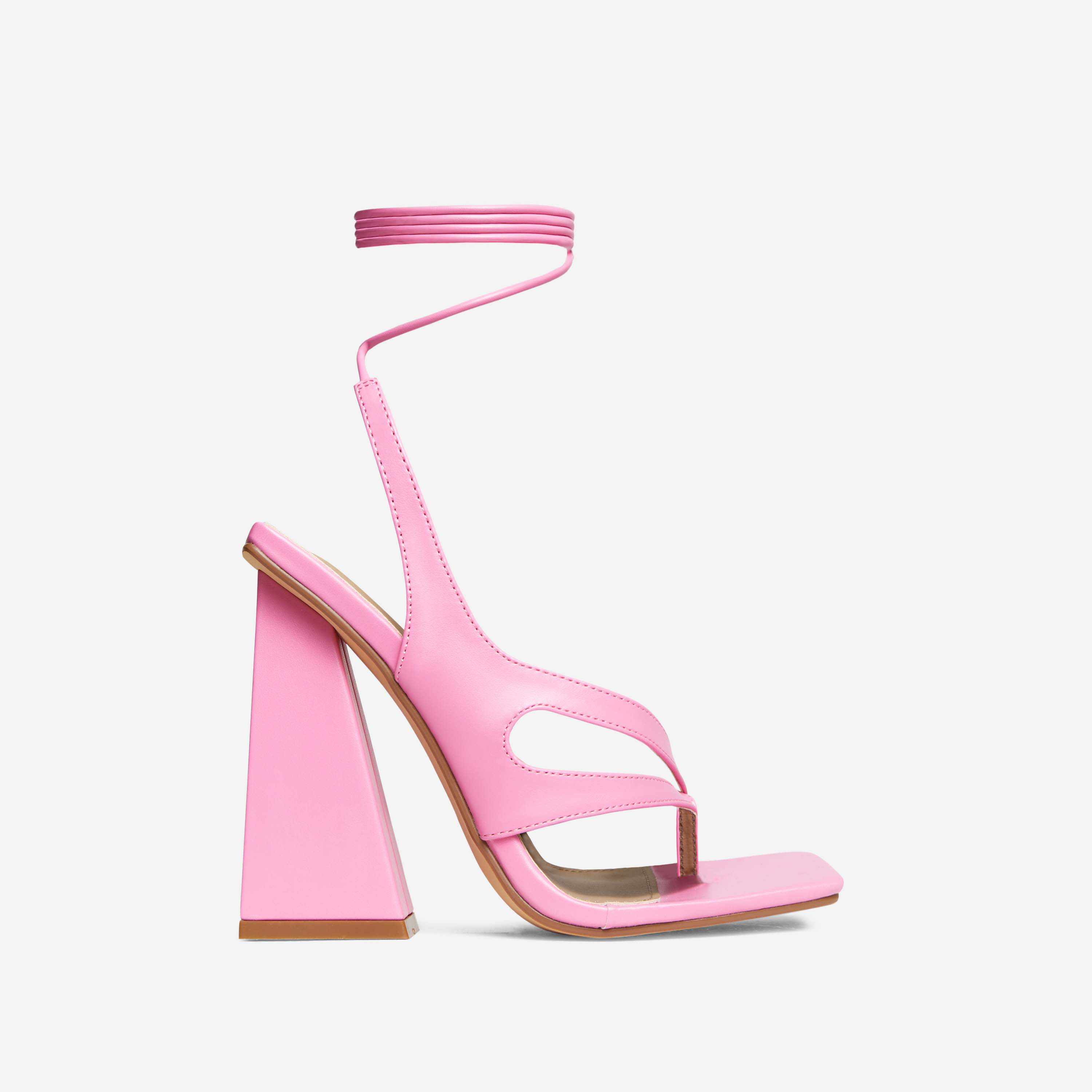 On-My-Soul Wide Fit Lace Up Strappy Square Toe Sculptured Flared Block Heel In Pink Faux Leather, Pink (EGO SHOES)