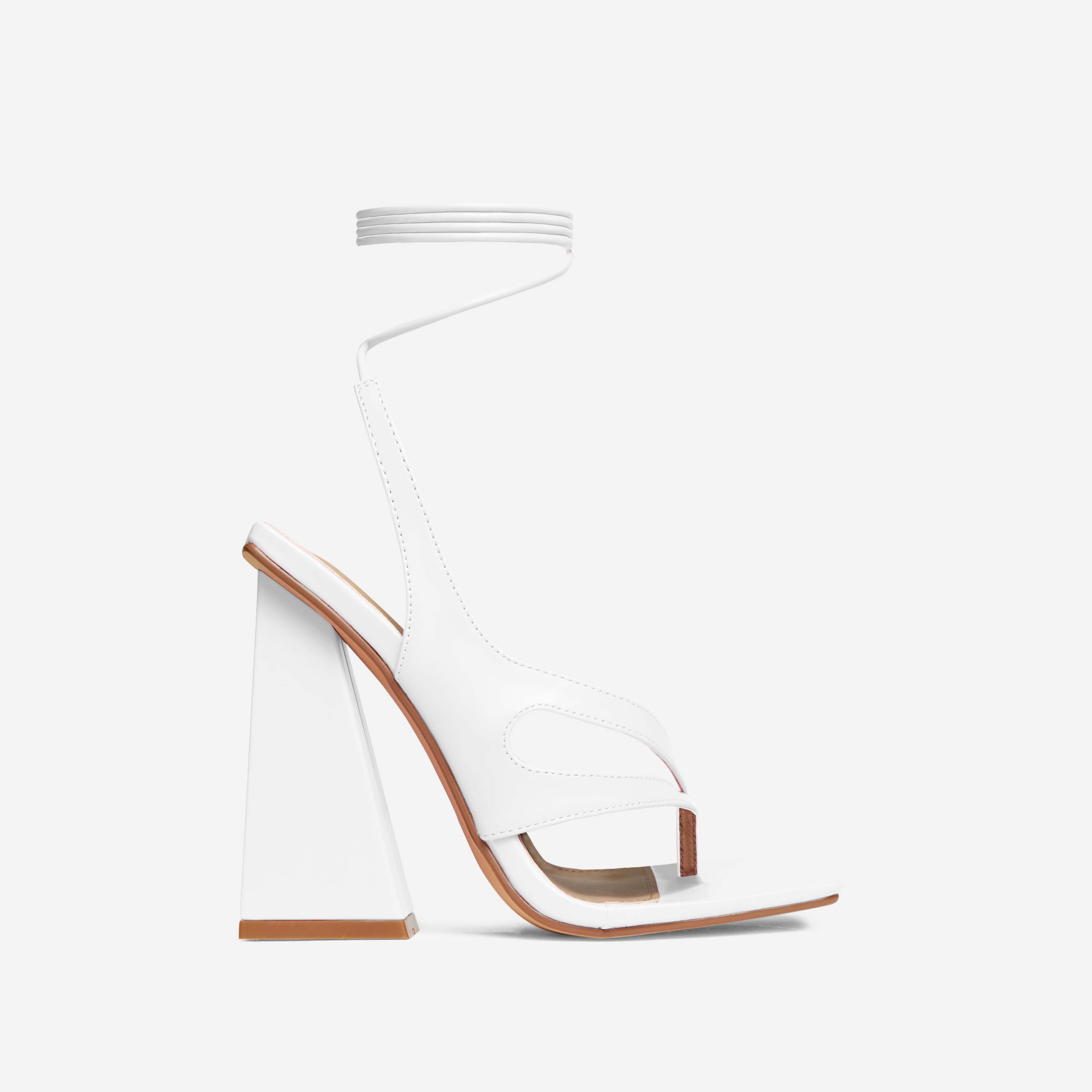 On-My-Soul Lace Up Strappy Square Toe Sculptured Flared Block Heel In White Faux Leather, White (EGO SHOES)