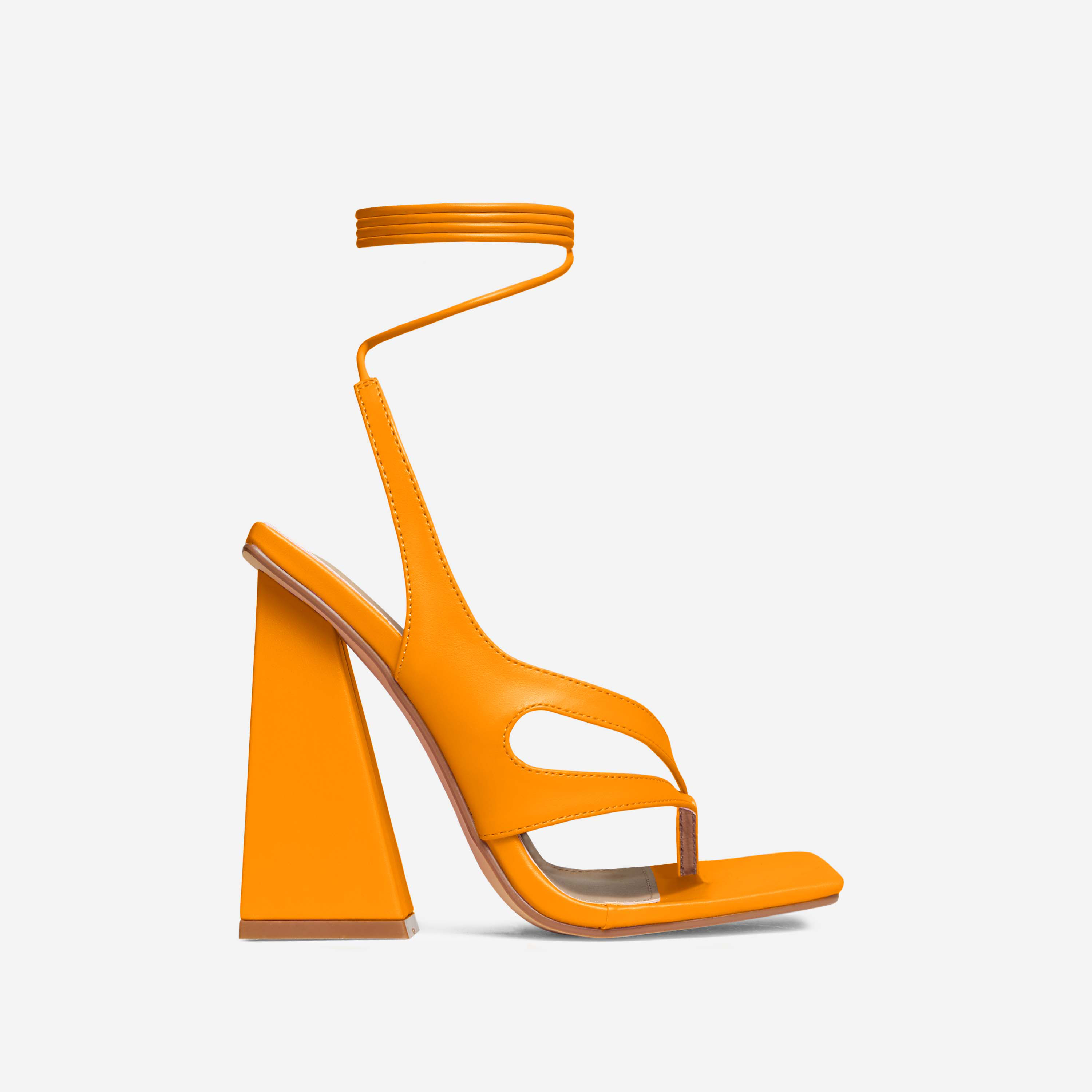 On-My-Soul Lace Up Strappy Square Toe Sculptured Flared Block Heel In Orange Faux Leather, Orange (EGO SHOES)