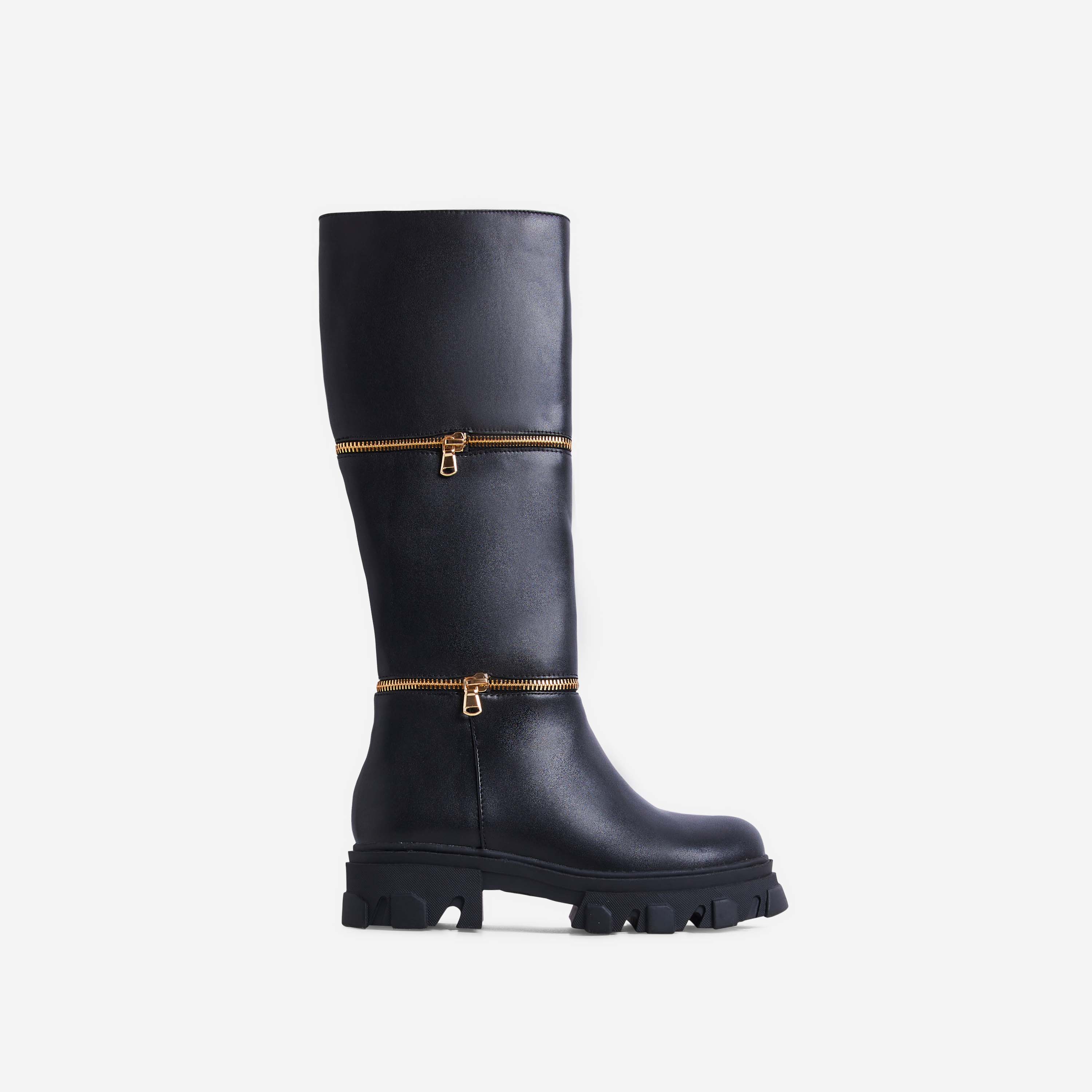 Pola Zip Detail Chunky Sole Mid Calf Knee High Long Biker Boot In Black Faux Leather, Black (EGO SHOES)