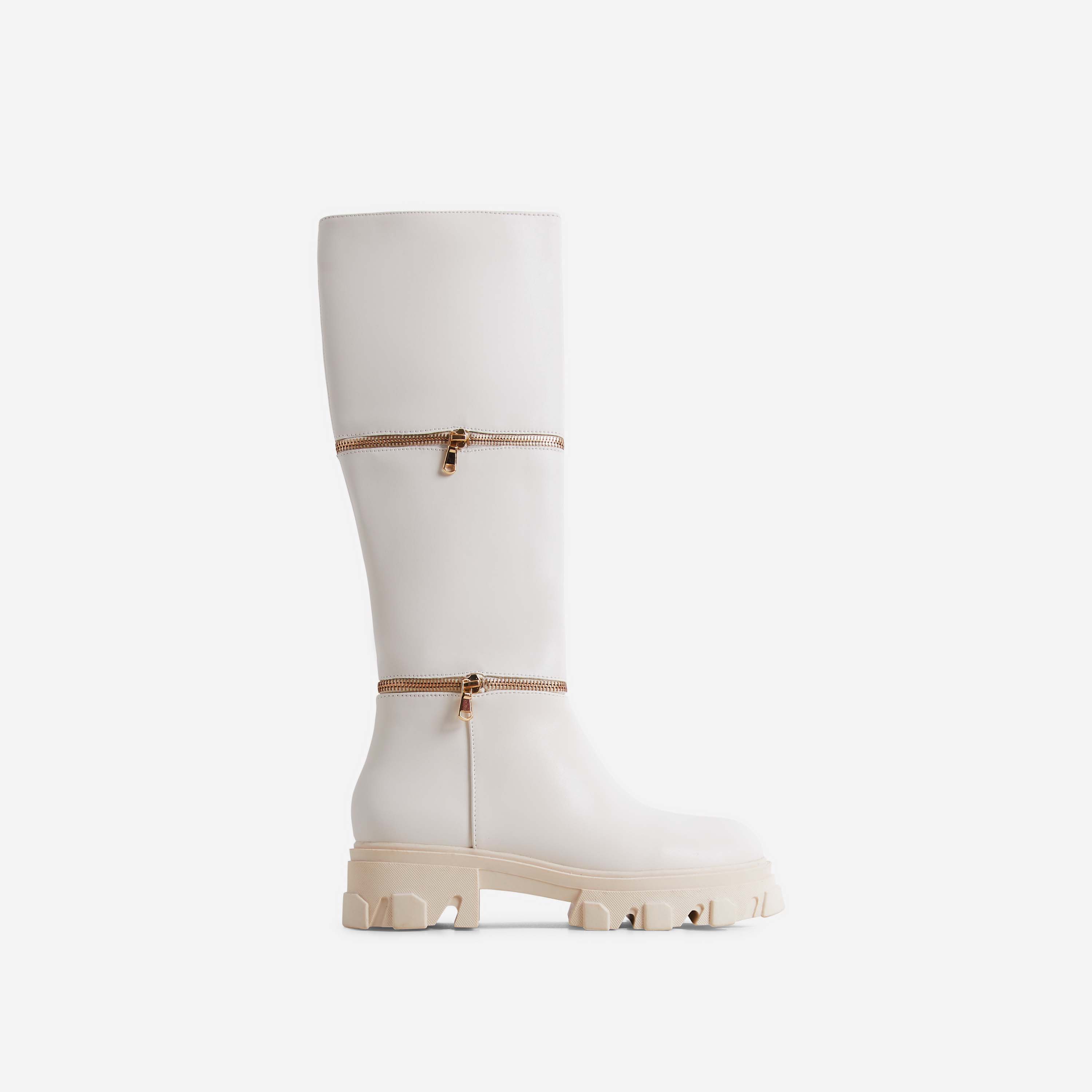 Pola Zip Detail Chunky Sole Mid Calf Knee High Long Biker Boot In Cream Nude Faux Leather, Nude (EGO SHOES)