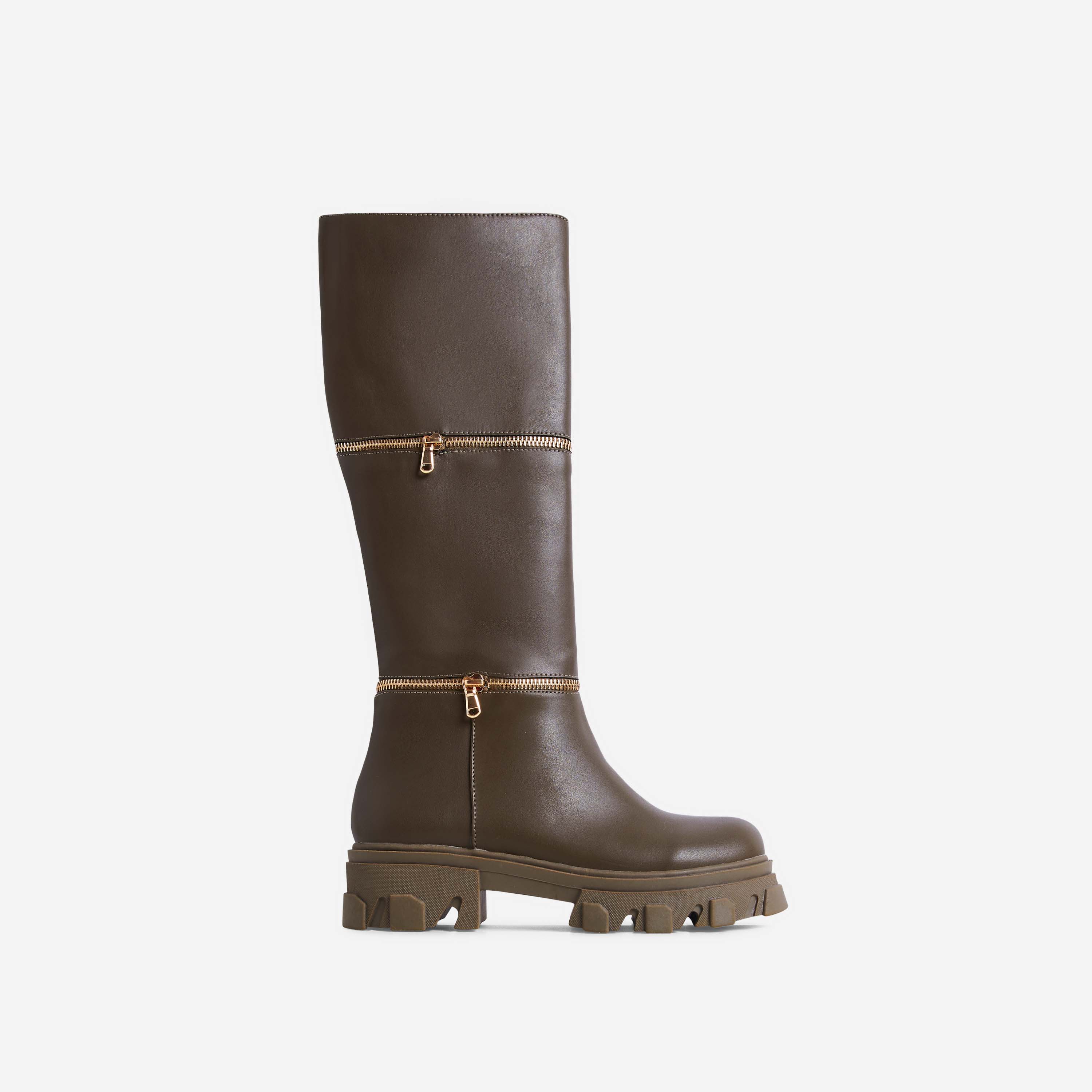 Pola Zip Detail Chunky Sole Mid Calf Knee High Long Biker Boot In Khaki Green Faux Leather, Green (EGO SHOES)