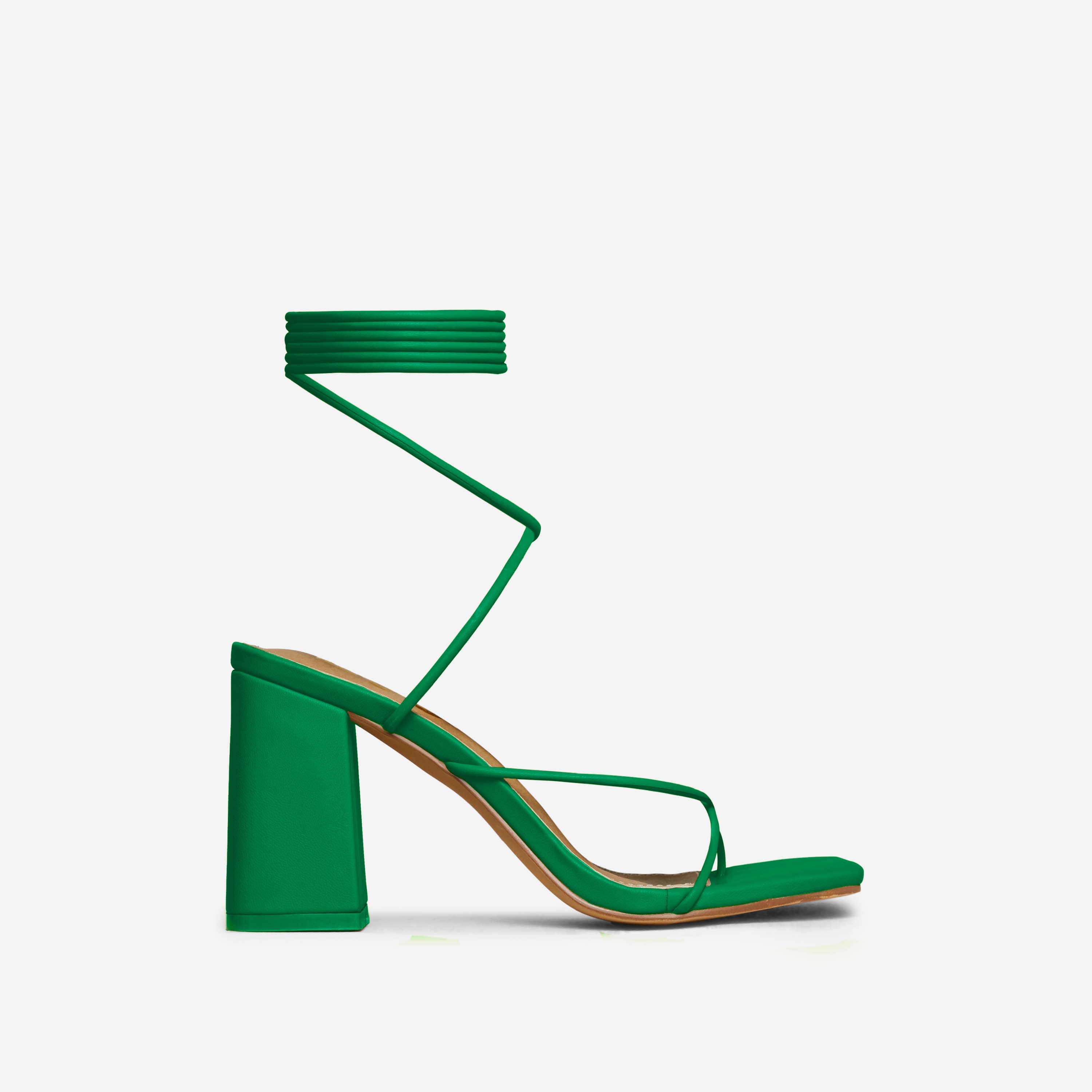 Posh Lace Up Strappy Square Toe Block Heel In Green Faux Leather, Green (EGO SHOES)