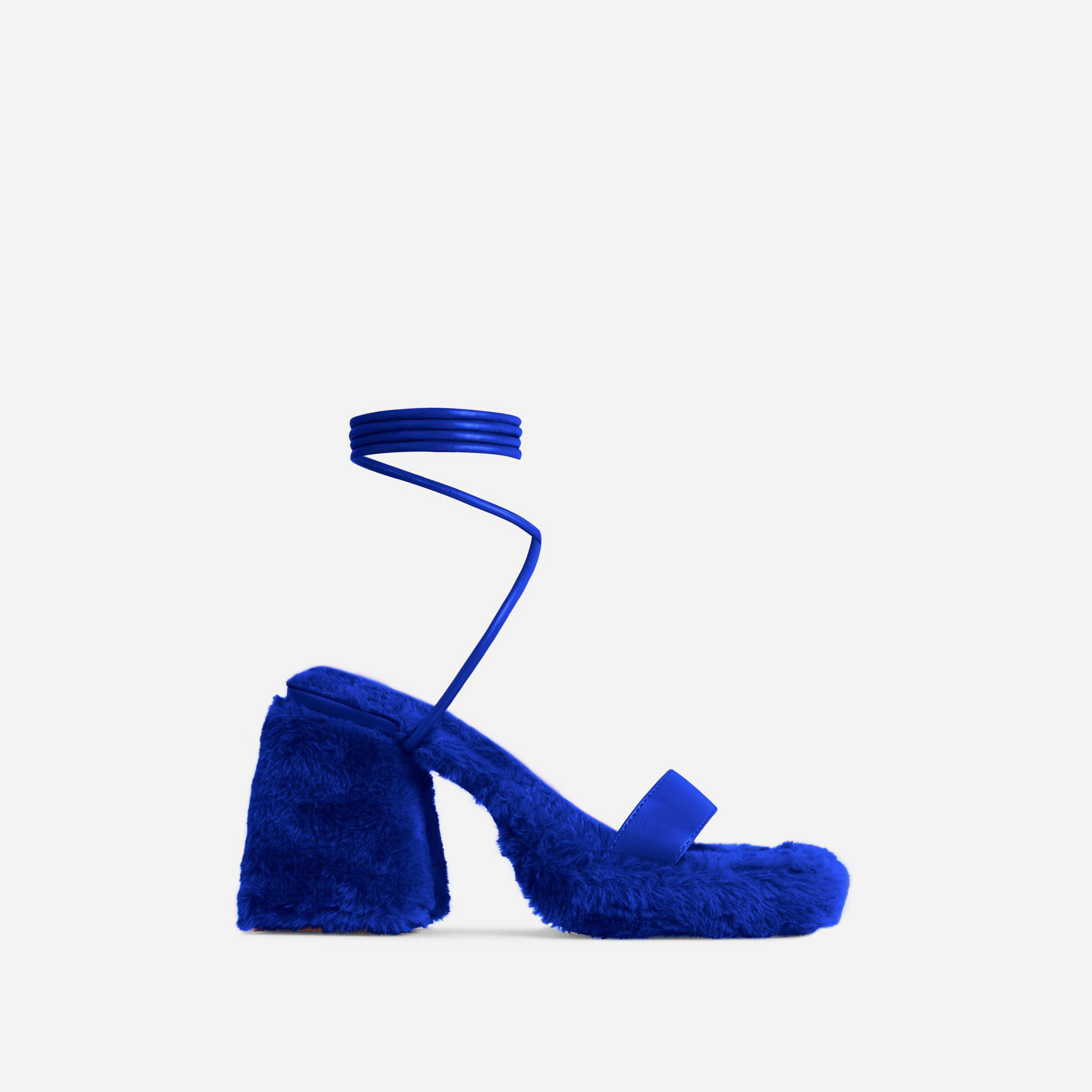 Itzayana Lace Up Faux Fur Detail Square Toe Platform Flared Block Heel In Blue Faux Leather, Blue (EGO SHOES)