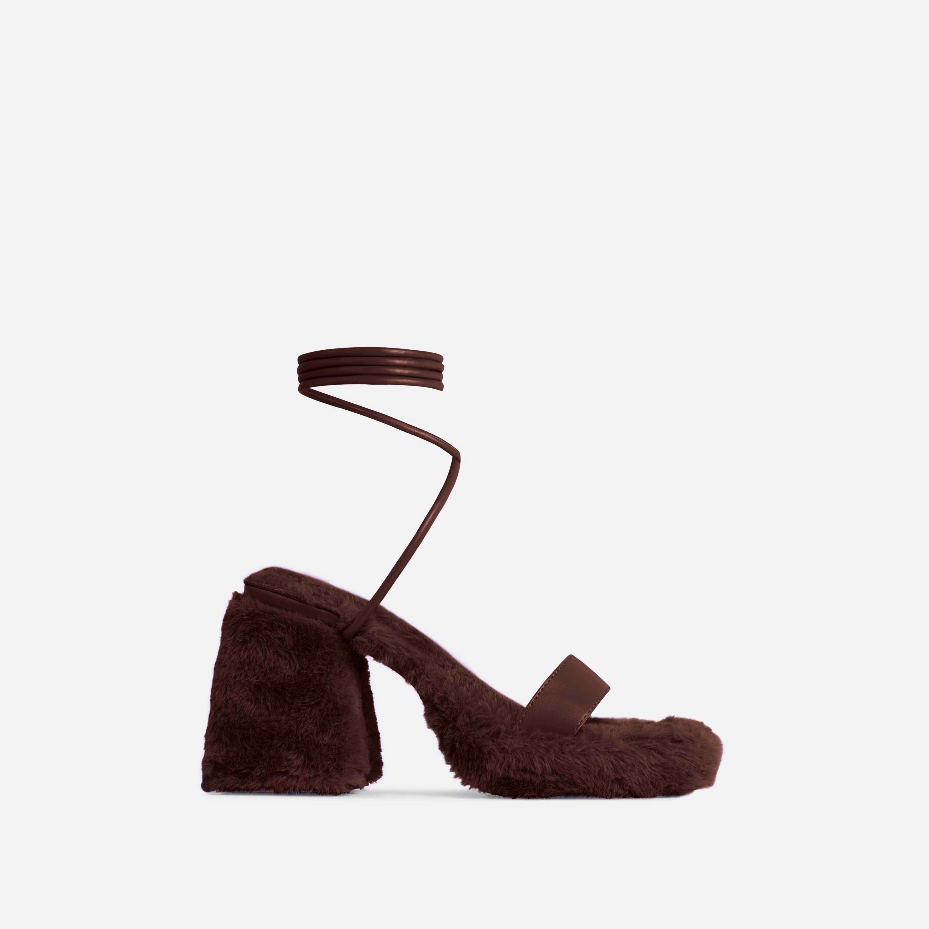 Itzayana Lace Up Faux Fur Detail Square Toe Platform Flared Block Heel In Dark Brown Faux Leather, Brown (EGO SHOES)