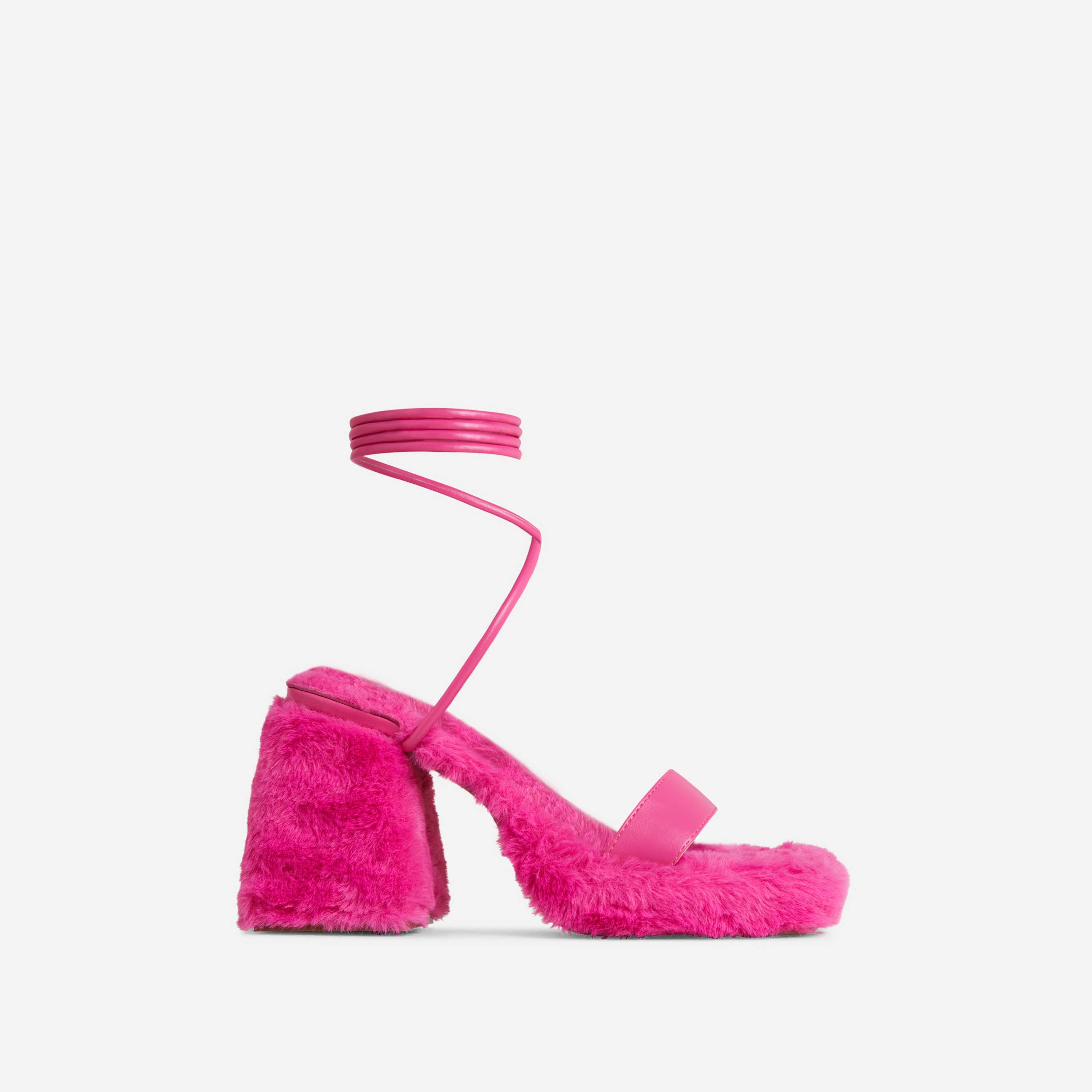 Itzayana Lace Up Faux Fur Detail Square Toe Platform Flared Block Heel In Pink Faux Leather, Pink (EGO SHOES)