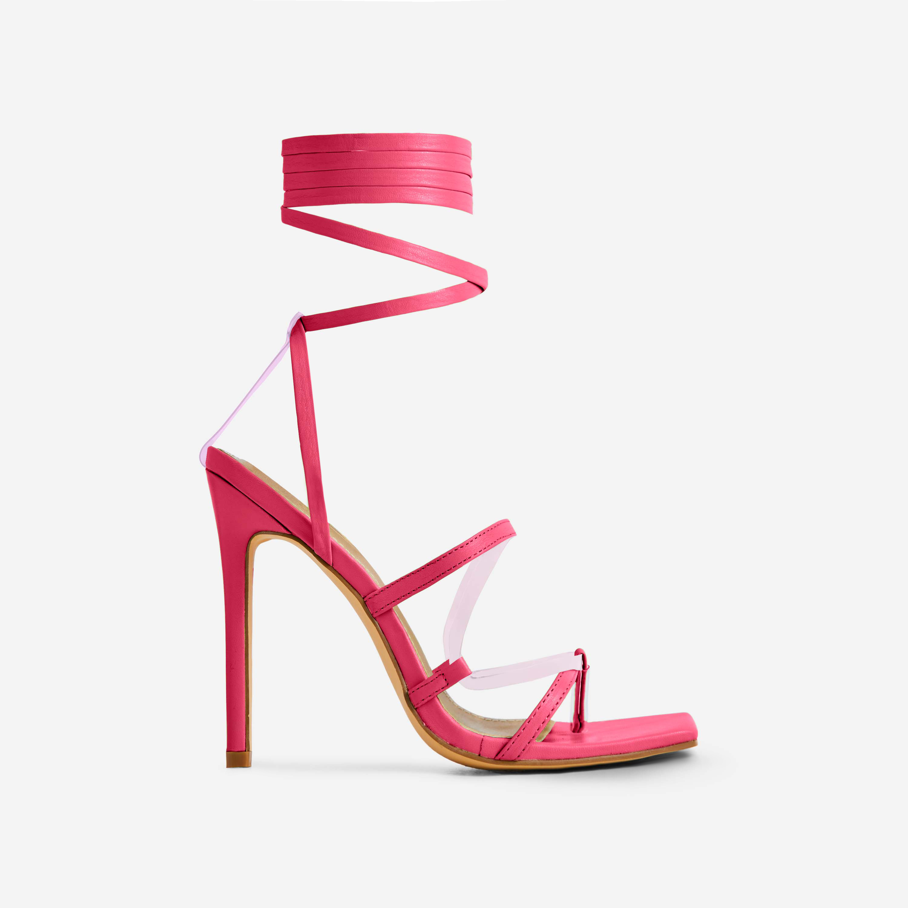 Frame Lace Up Perspex Strap Square Toe Stiletto Heel In Pink Faux Leather, Pink (EGO SHOES)