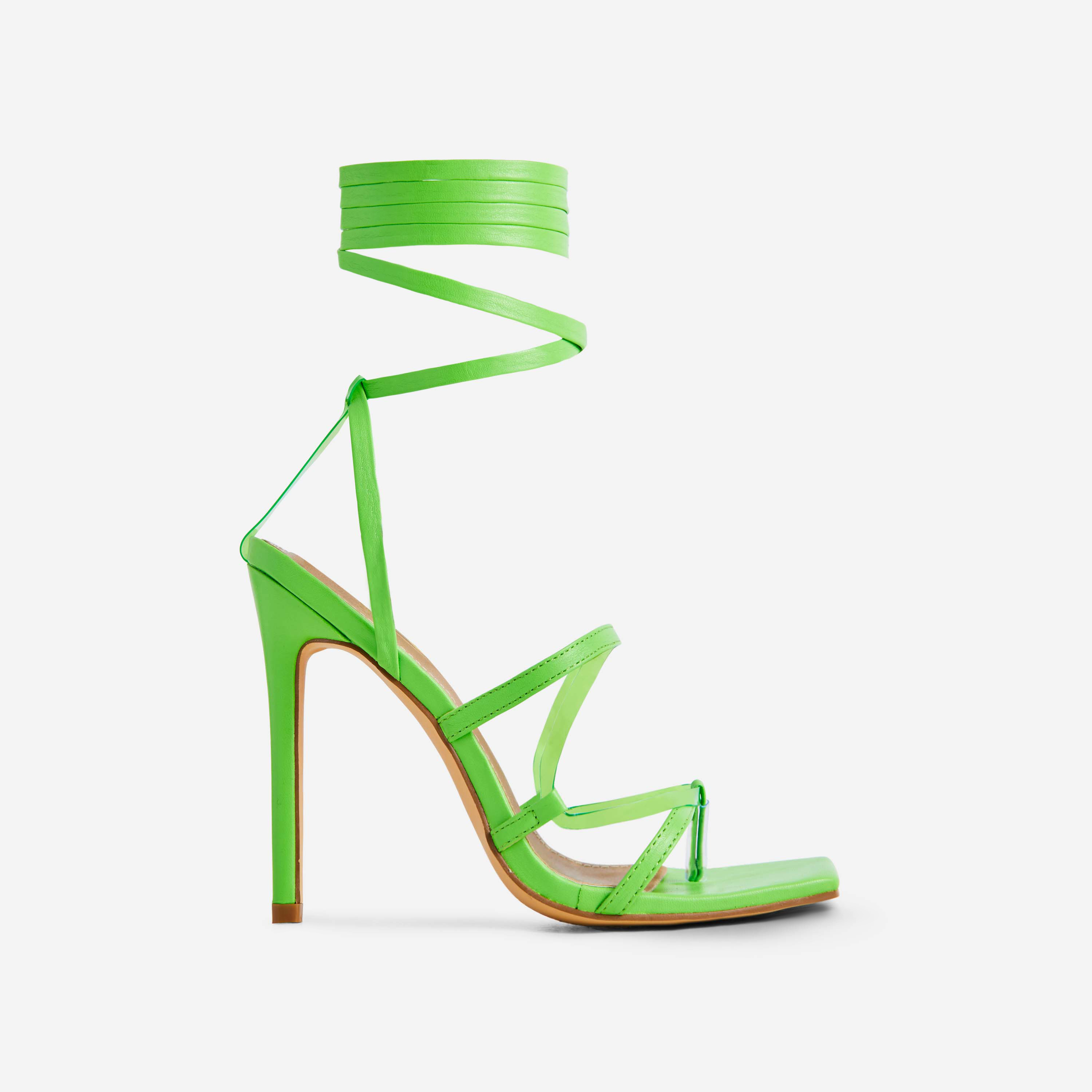 Frame Lace Up Perspex Strap Square Toe Stiletto Heel In Green Faux Leather, Green (EGO SHOES)