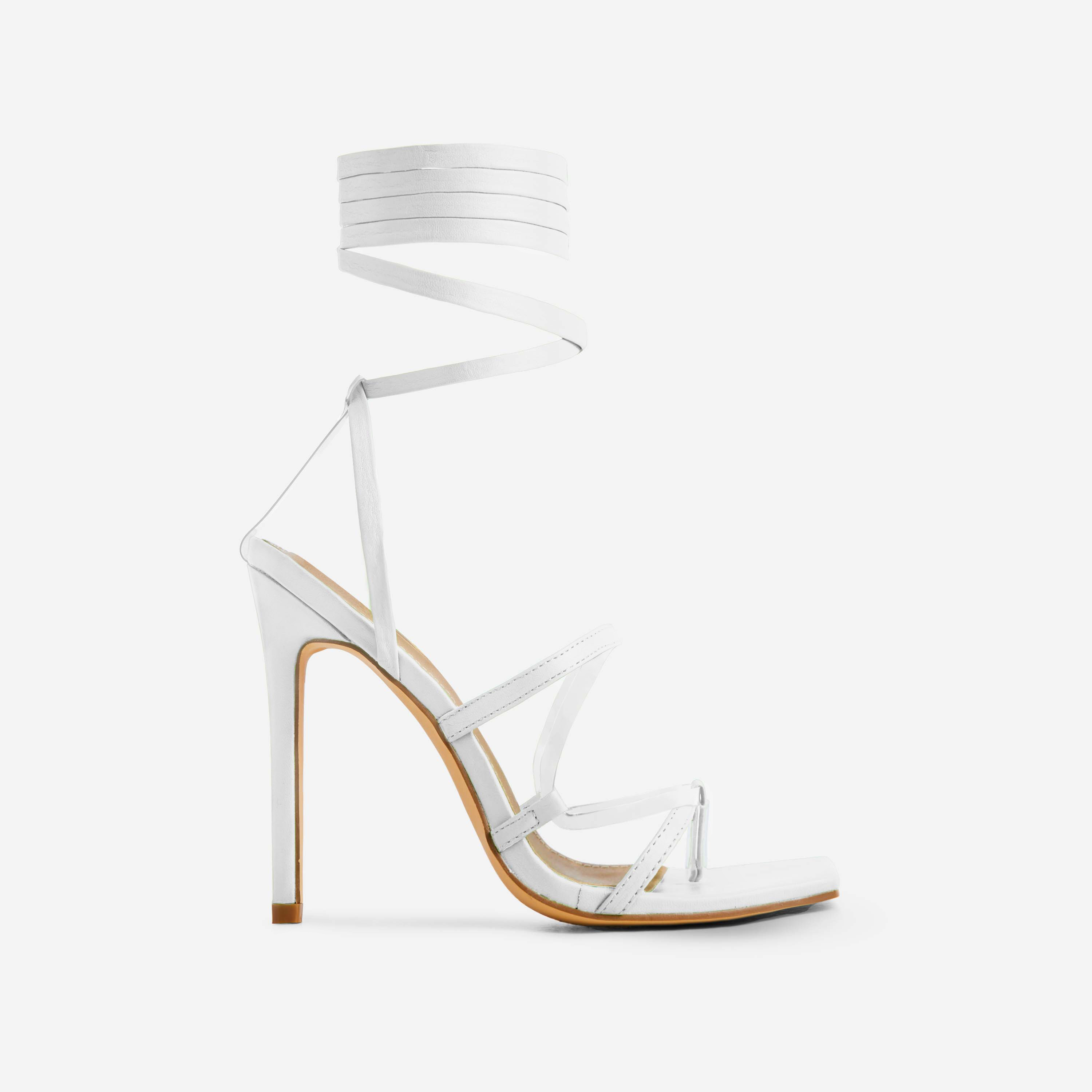 Frame Lace Up Perspex Strap Square Toe Stiletto Heel In White Faux Leather, White (EGO SHOES)