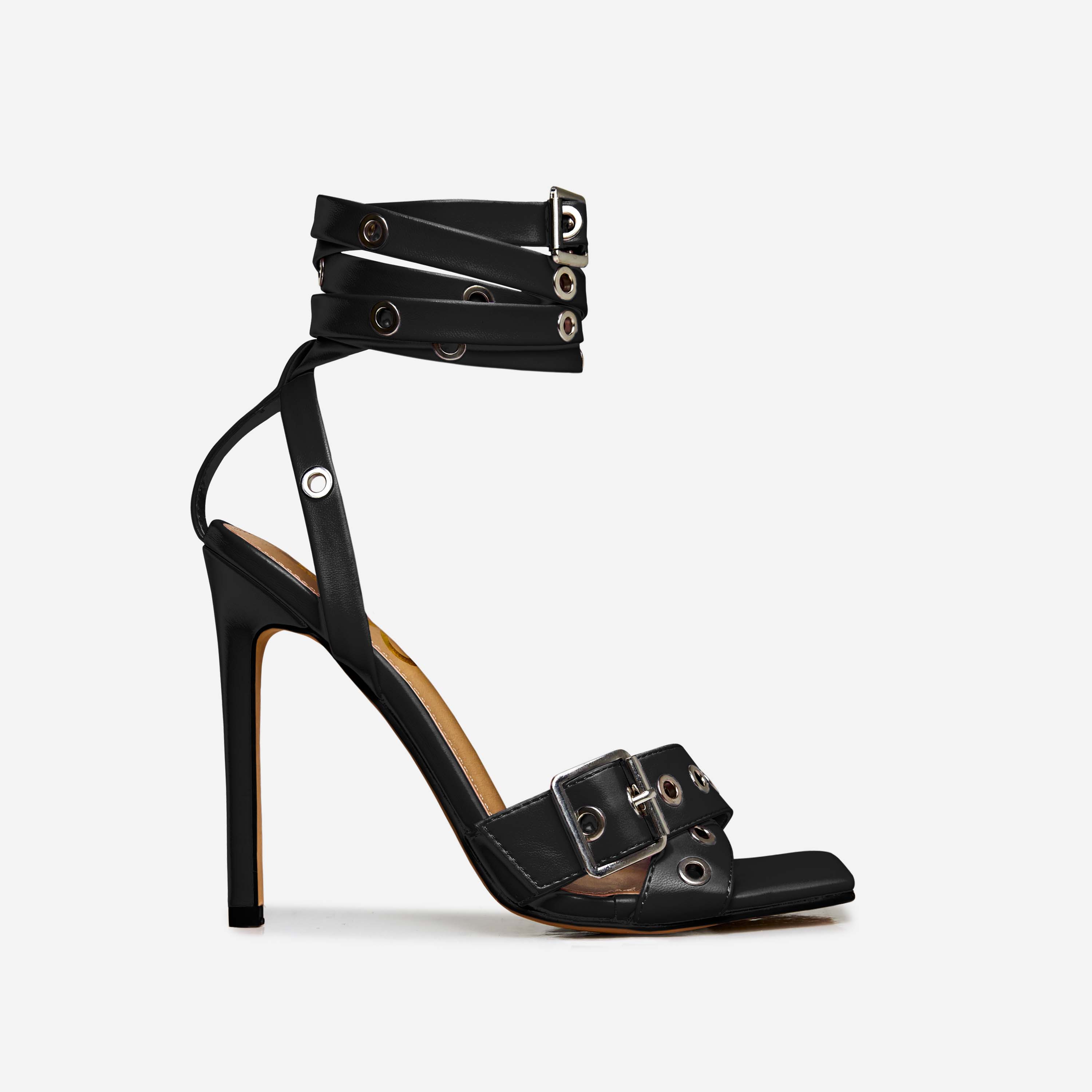 Rachael Eyelet Buckle Detail Strappy Square Toe Stiletto Heel In Black Faux Leather, Black (EGO SHOES)