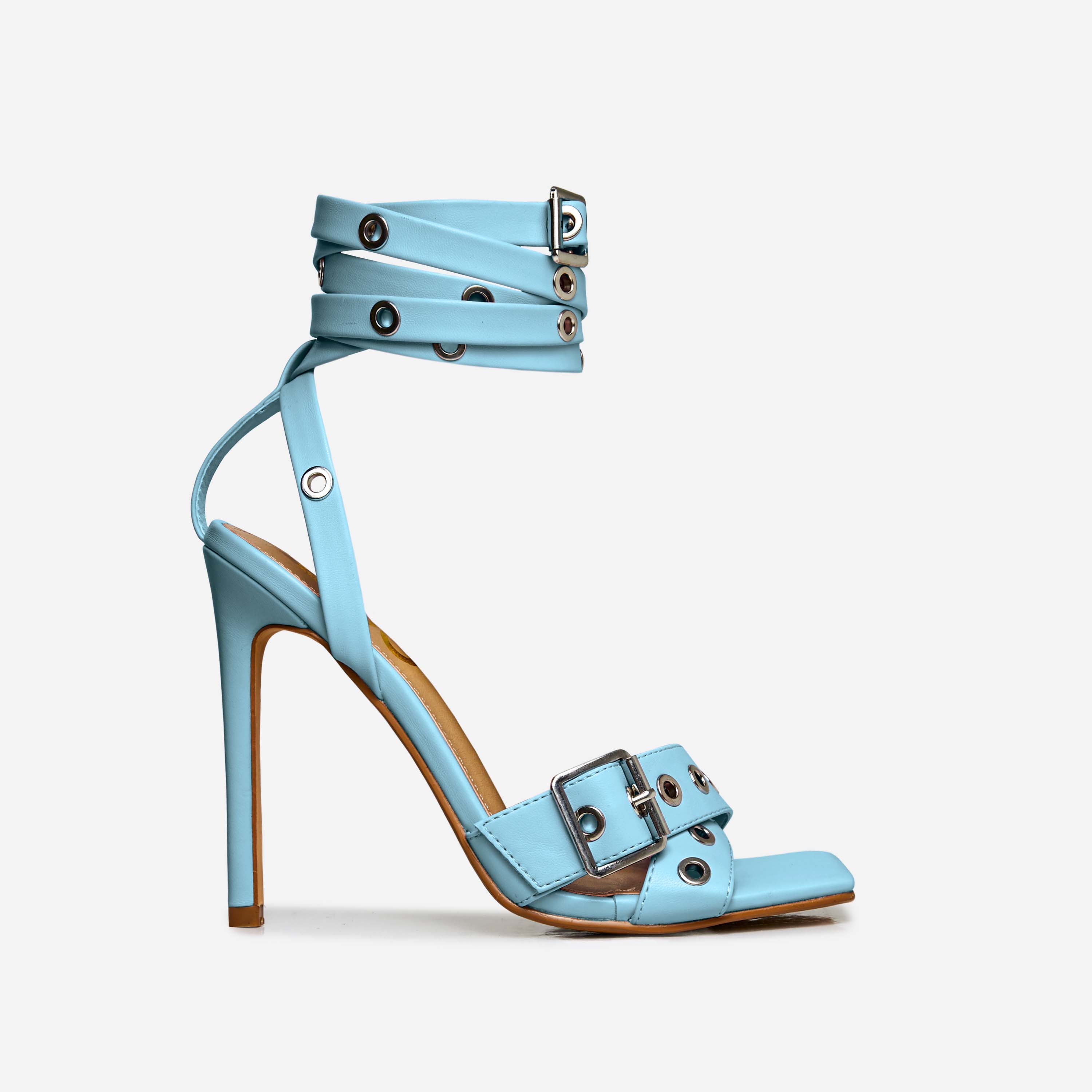 Rachael Eyelet Buckle Detail Strappy Square Toe Stiletto Heel In Blue Faux Leather, Blue (EGO SHOES)