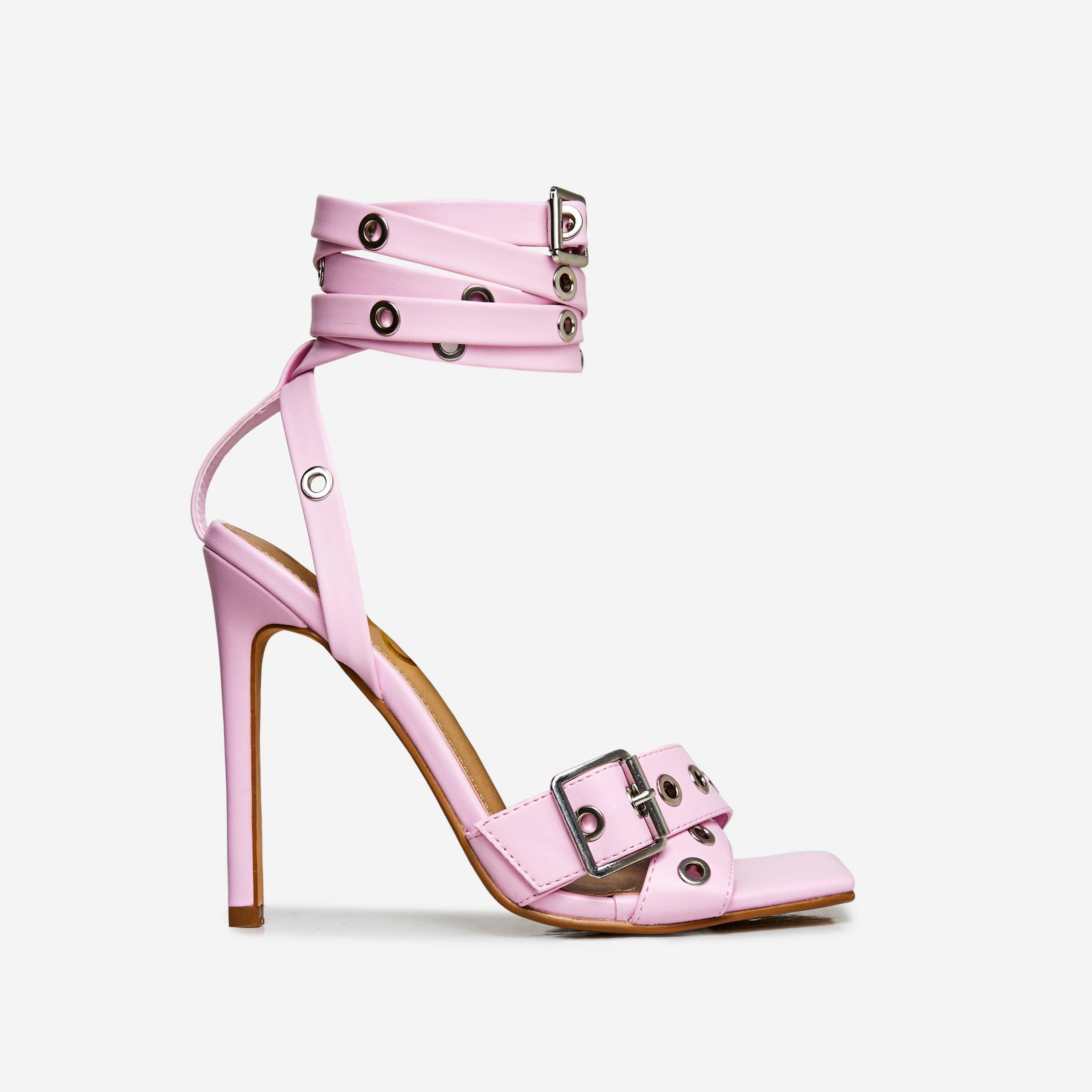 Rachael Eyelet Buckle Detail Strappy Square Toe Stiletto Heel In Pink Faux Leather, Pink (EGO SHOES)