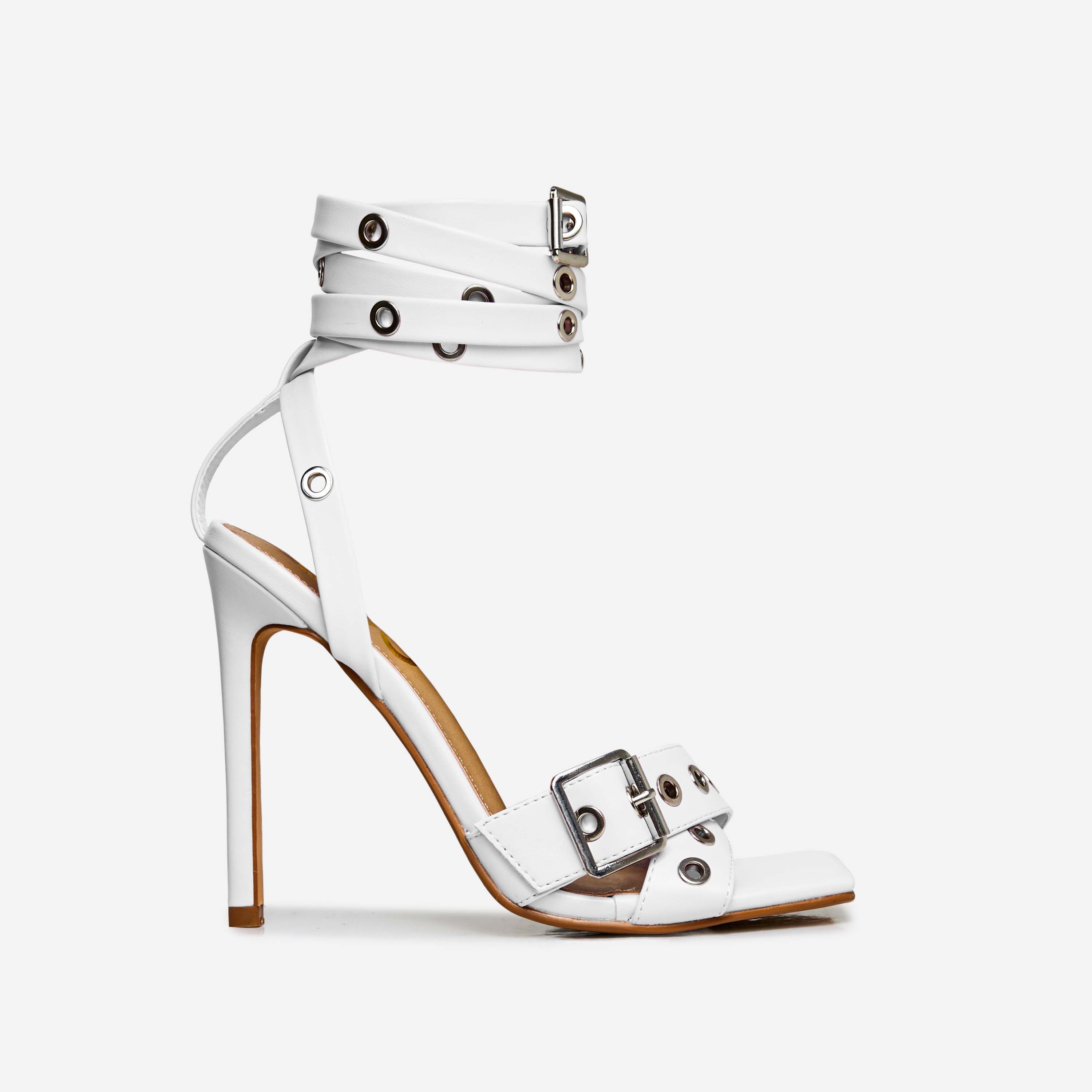 Rachael Eyelet Buckle Detail Strappy Square Toe Stiletto Heel In White Faux Leather, White (EGO SHOES)