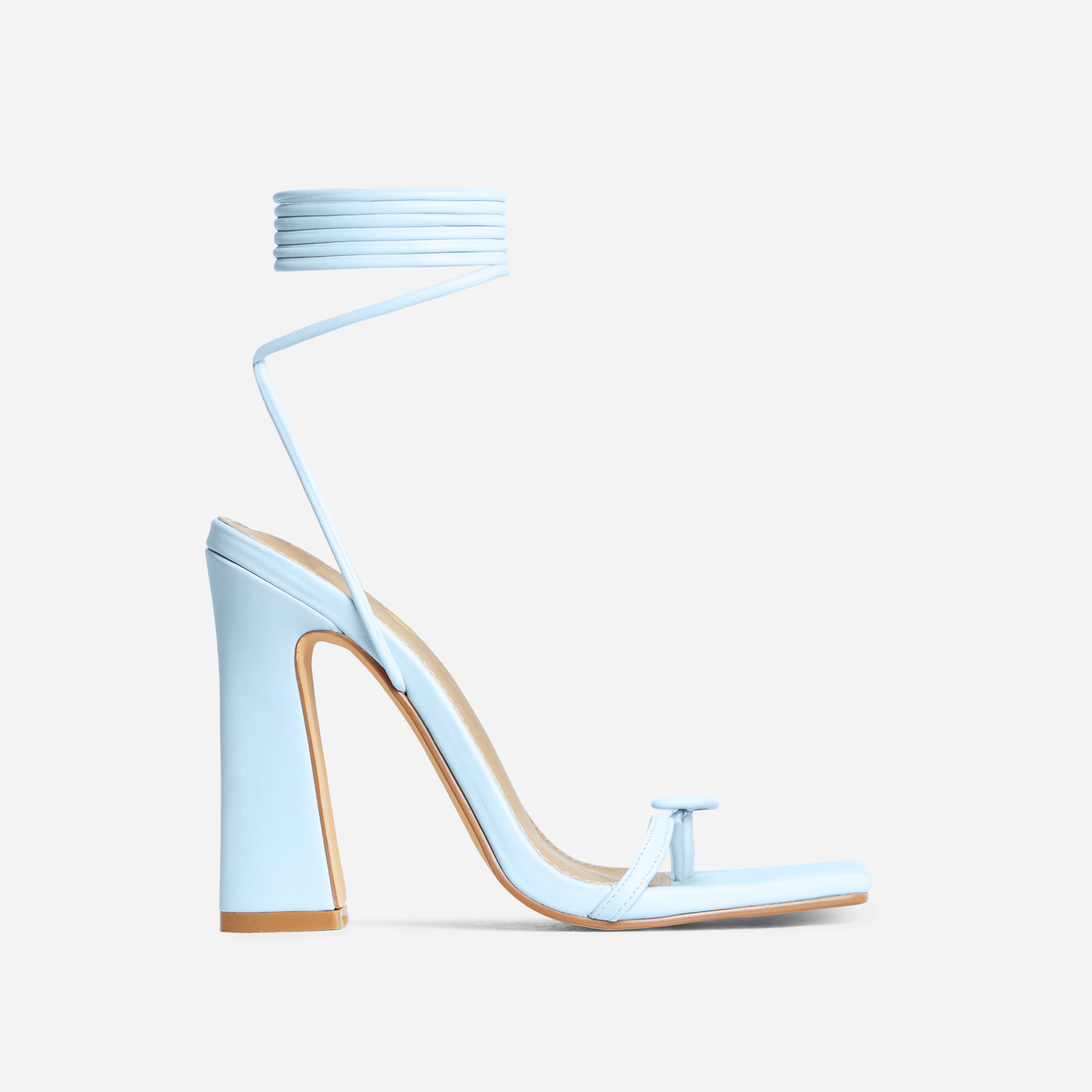 Rajah Lace Up Button Detail Square Toe Flared Block Heel In Light Blue Faux Leather, Blue (EGO SHOES)