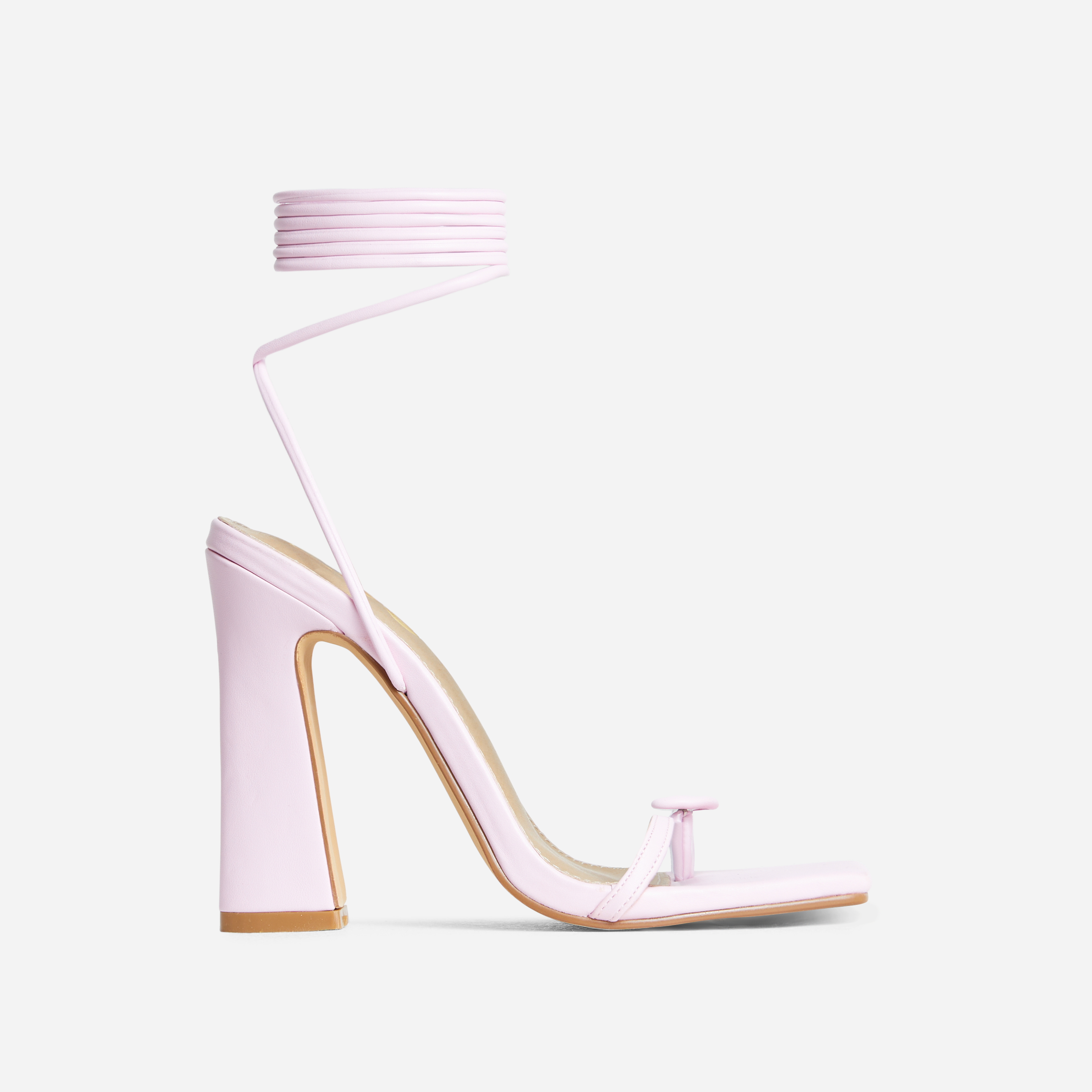 Rajah Lace Up Button Detail Square Toe Flared Block Heel In Light Pink Faux Leather, Pink (EGO SHOES)