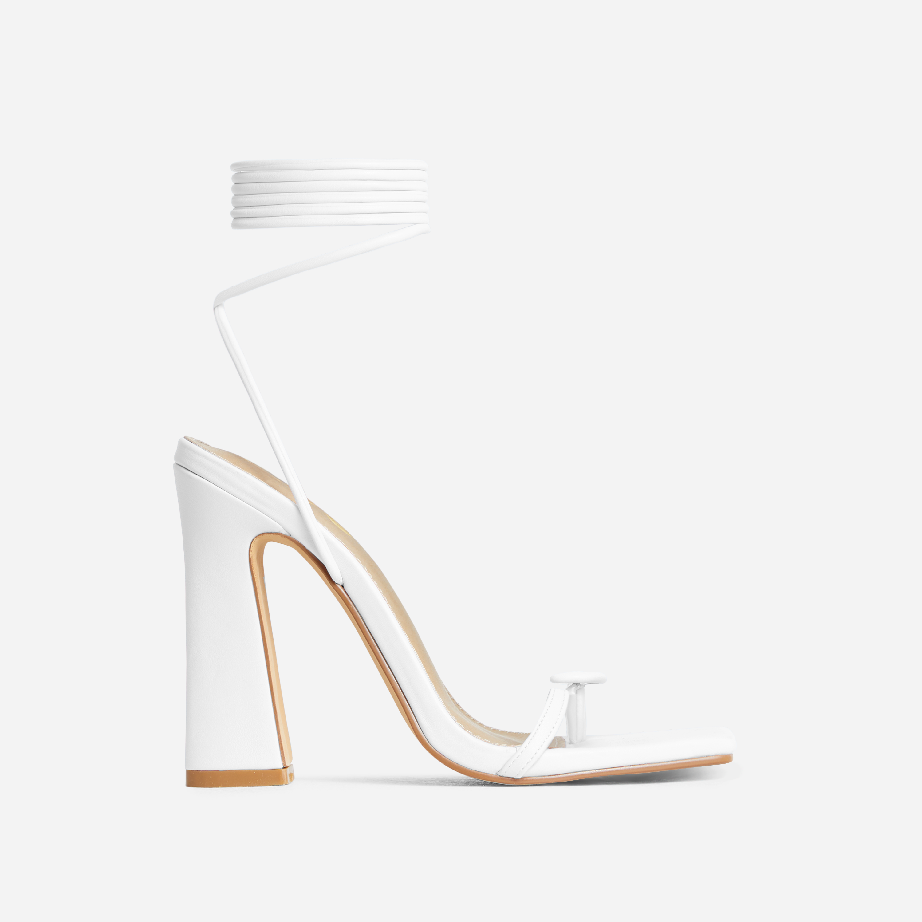 Rajah Lace Up Button Detail Square Toe Flared Block Heel In White Faux Leather, White (EGO SHOES)