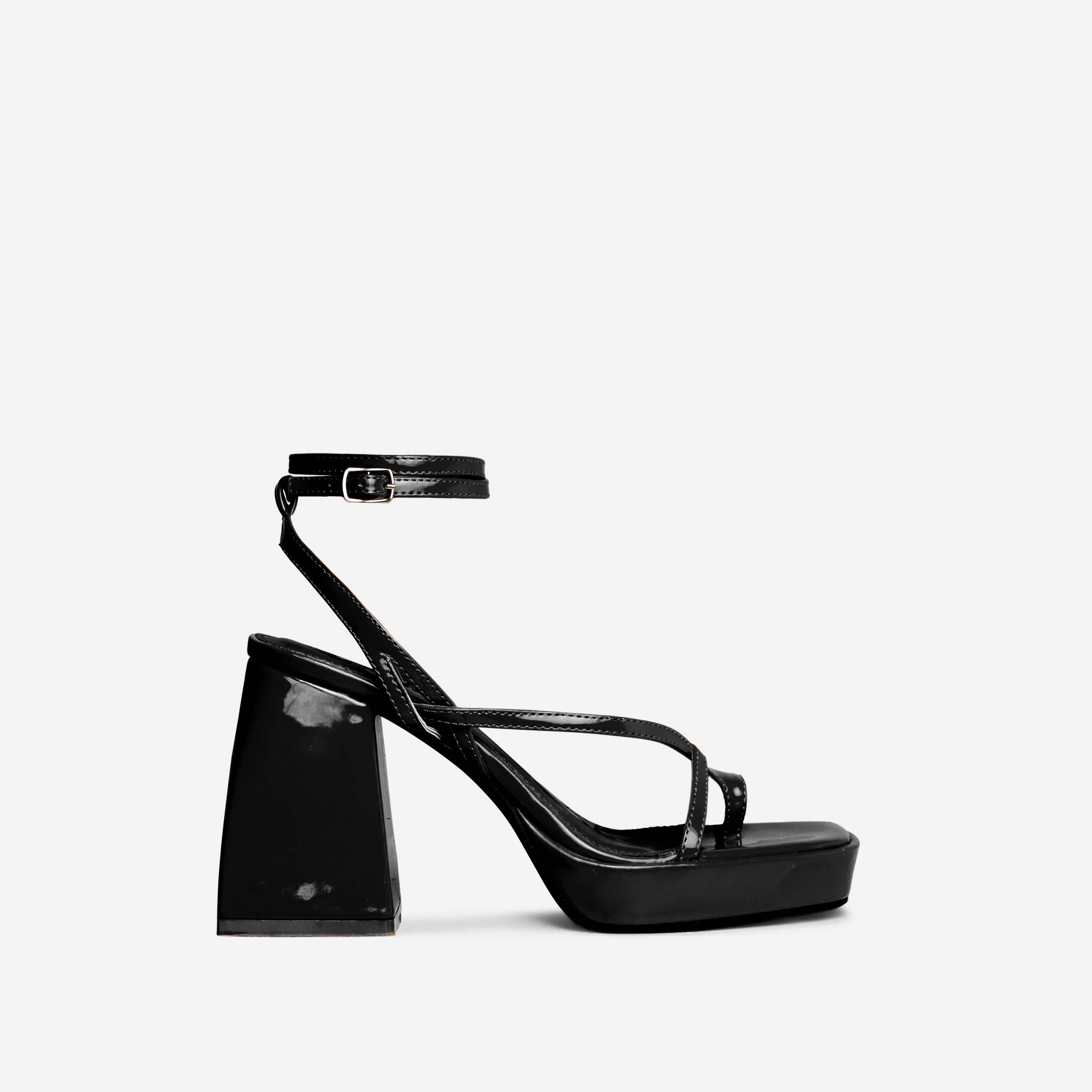 Ria Strappy Square Toe Platform Statement Block Heel In Black Patent, Black (EGO SHOES)