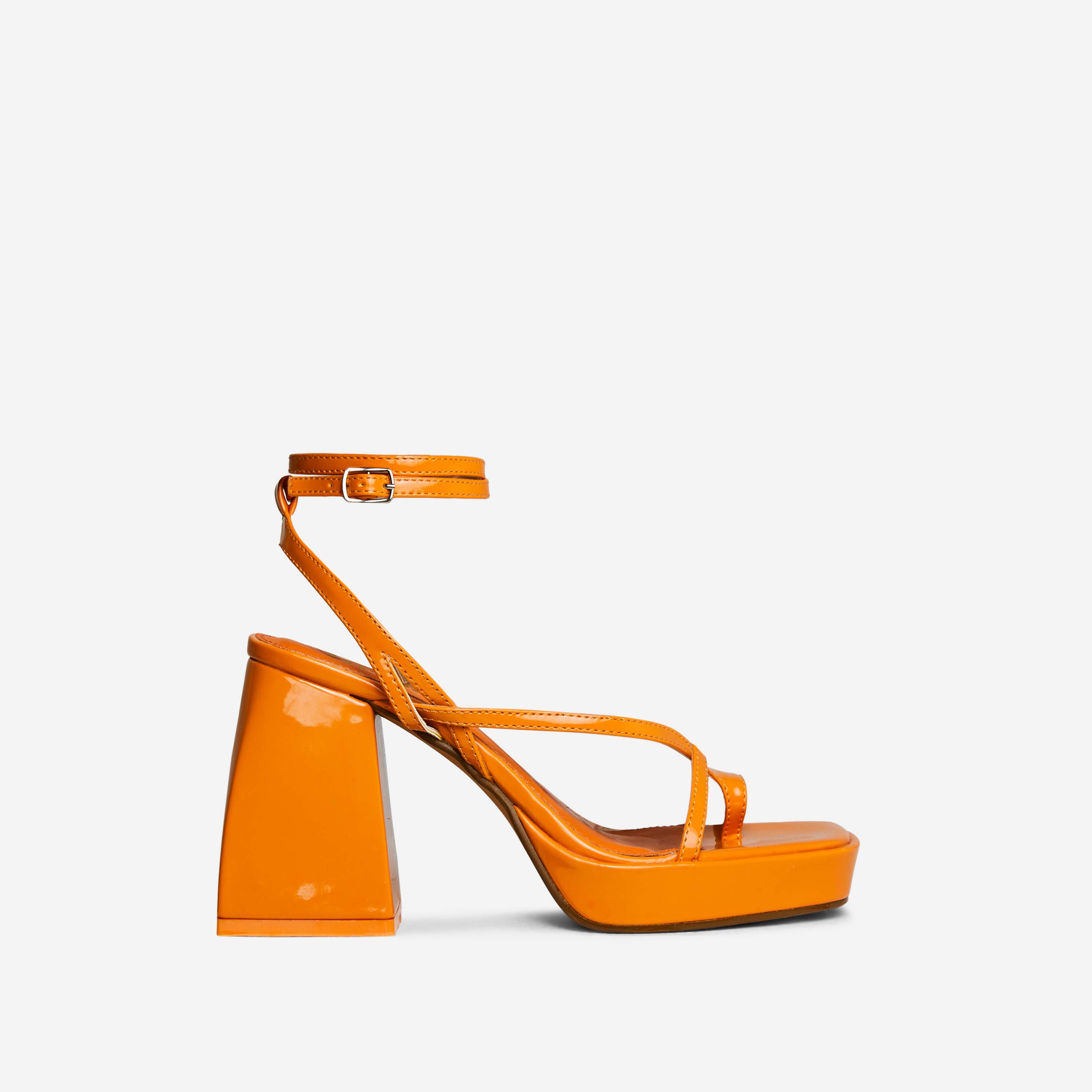 Ria Strappy Square Toe Platform Statement Block Heel In Orange Patent, Orange (EGO SHOES)