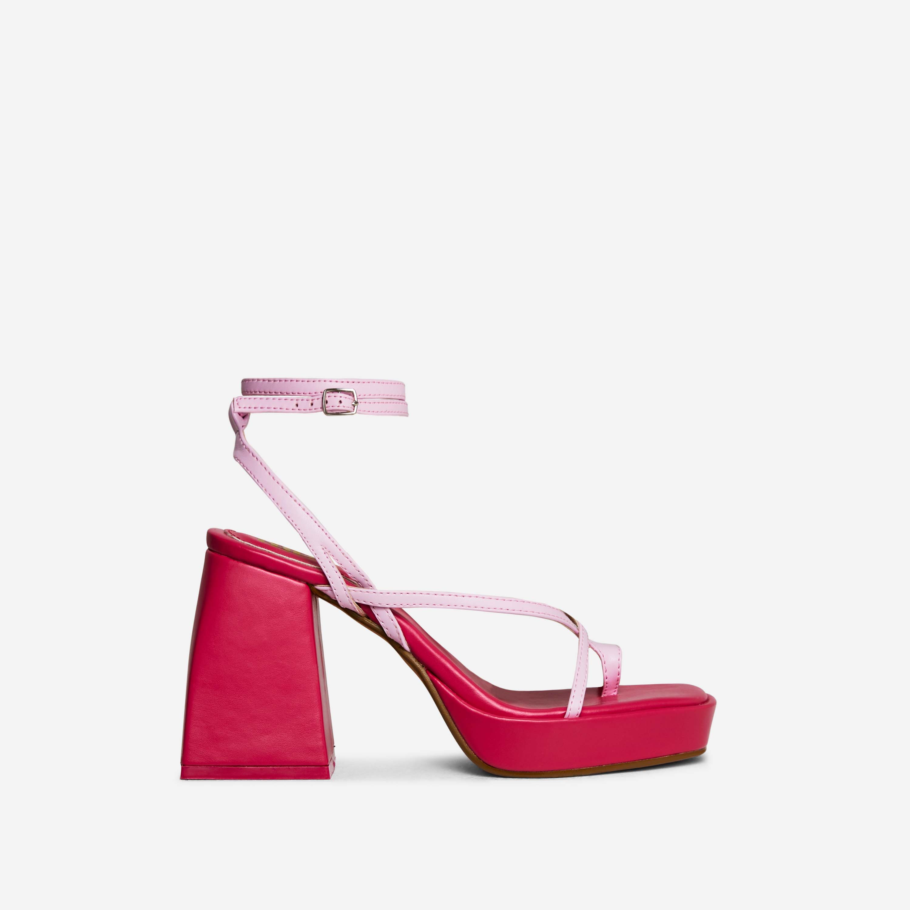 Ria Strappy Square Toe Platform Statement Block Heel In Pink Faux Leather, Pink (EGO SHOES)