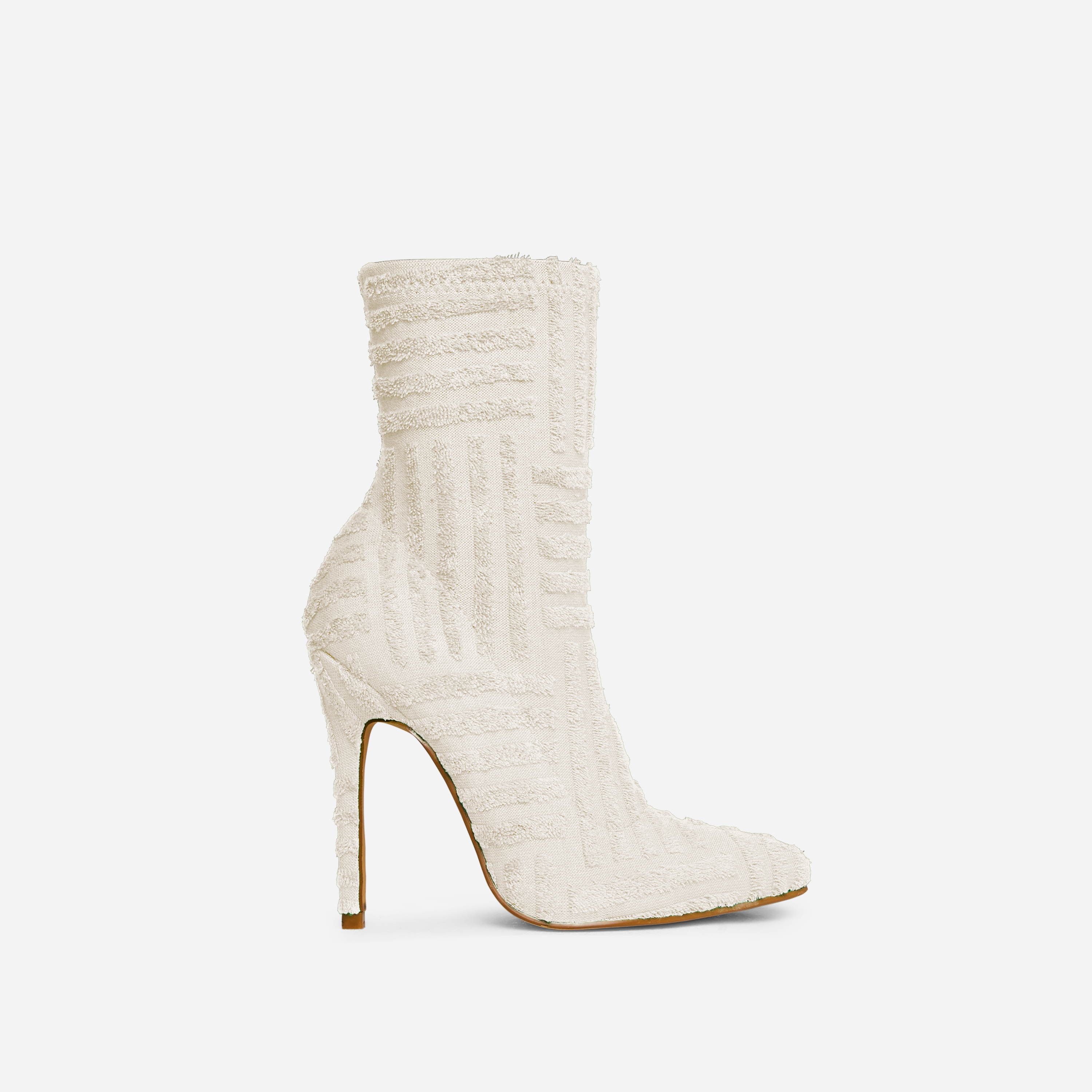 Ricochet Pointed Toe Stiletto Heel Ankle Sock Boot In Cream Nude Terry Towel Fabric, Nude (EGO SHOES)