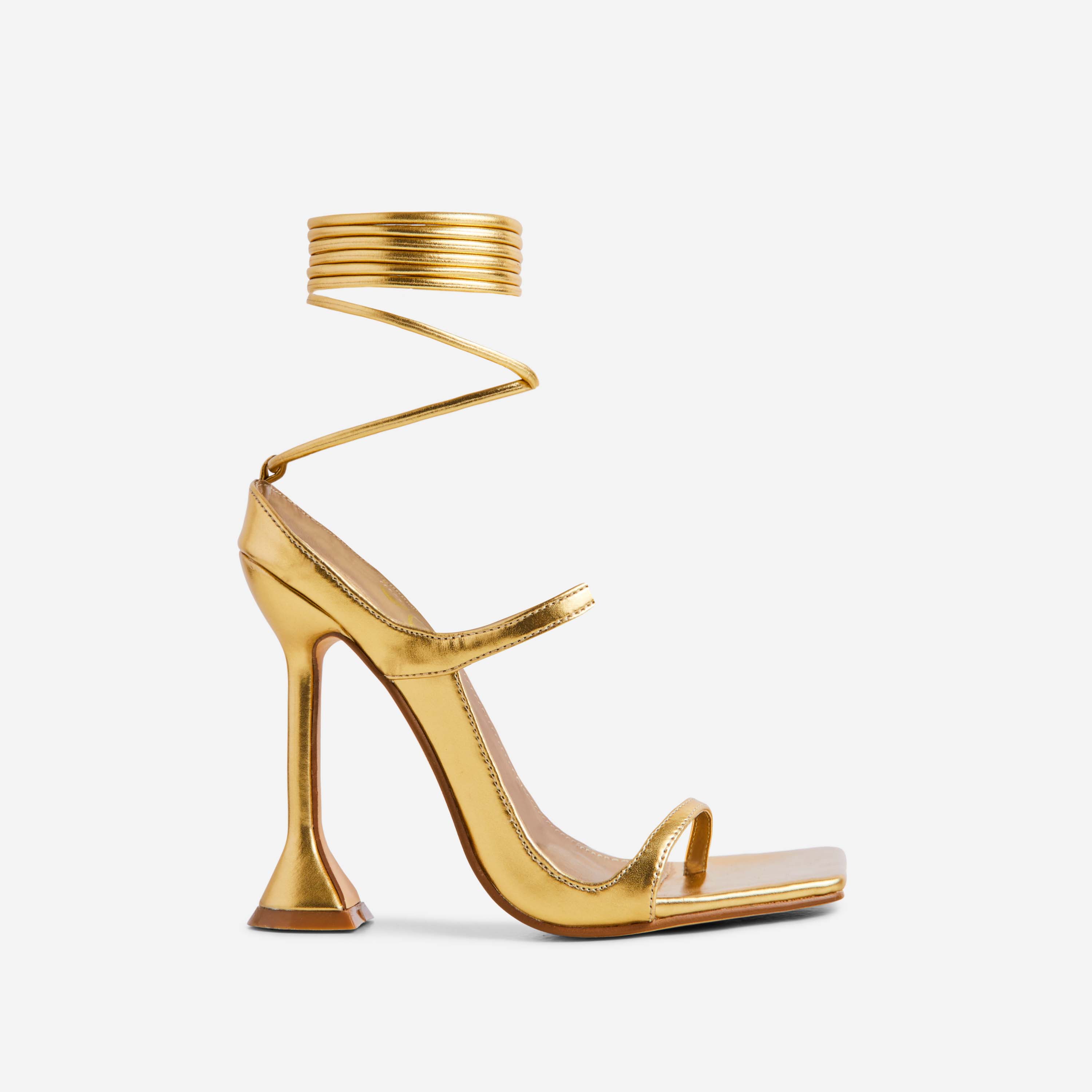 Riley Lace Up Double Strap Square Toe Statement Heel In Gold Metallic Faux Leather, Gold (EGO SHOES)