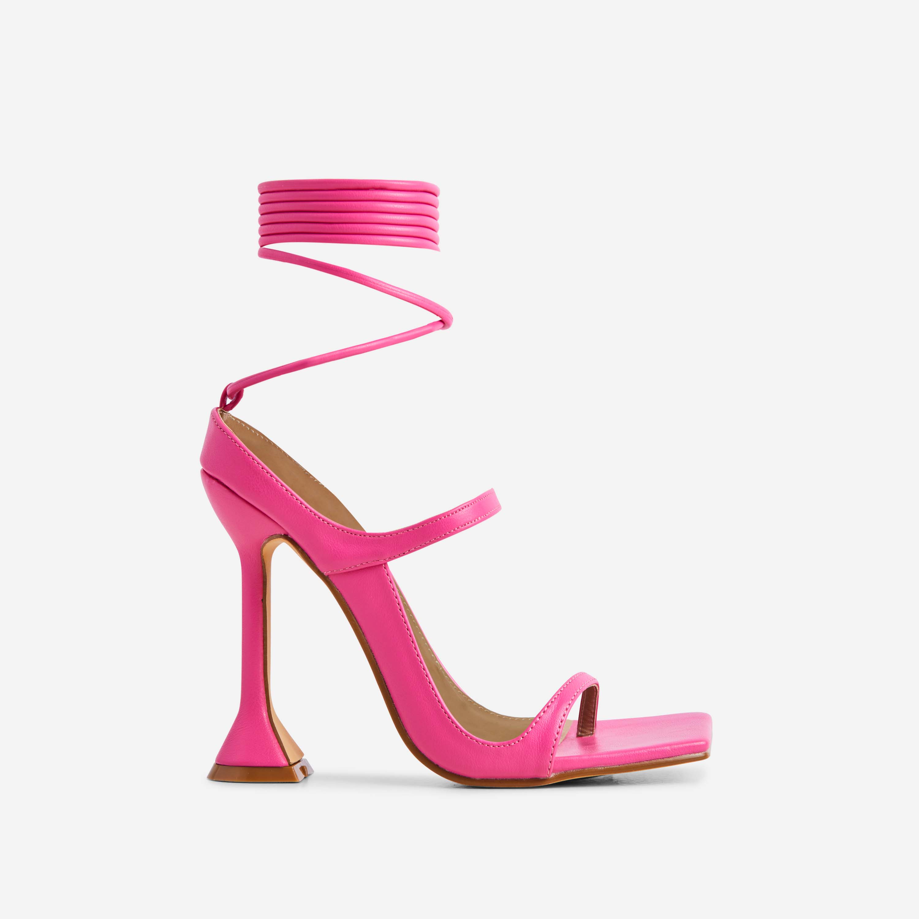 Riley Lace Up Double Strap Square Toe Statement Heel In Pink Faux Leather, Pink (EGO SHOES)