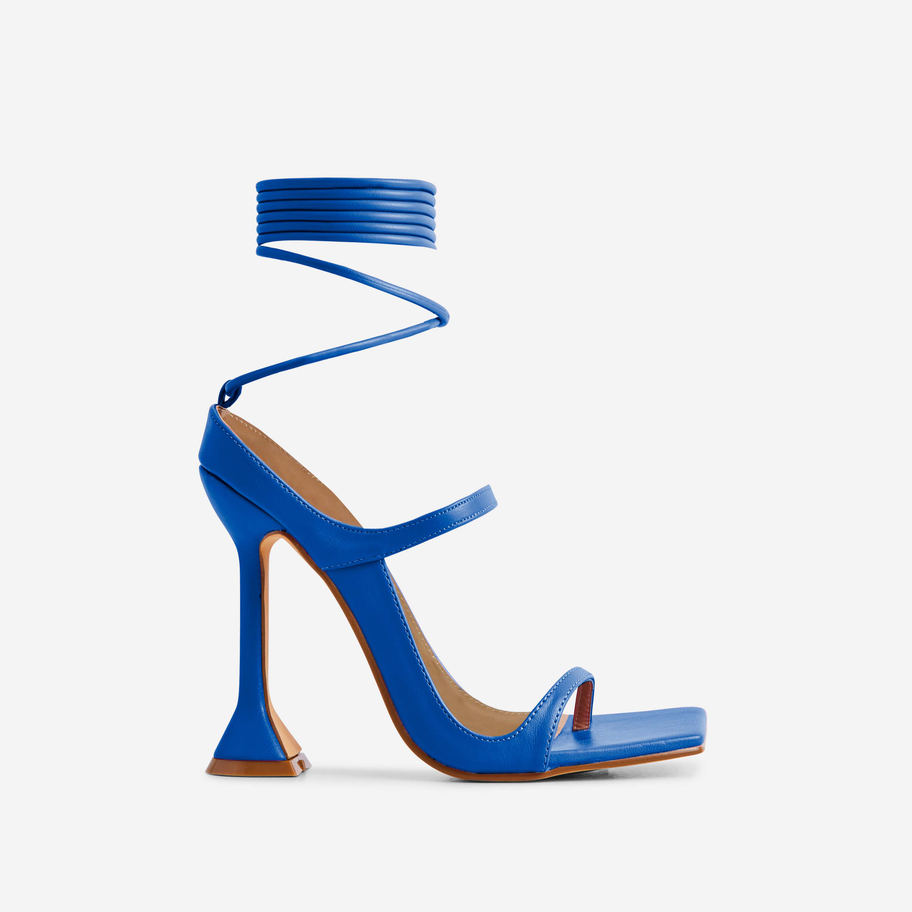 Riley Lace Up Double Strap Square Toe Statement Heel In Blue Faux Leather, Blue (EGO SHOES)