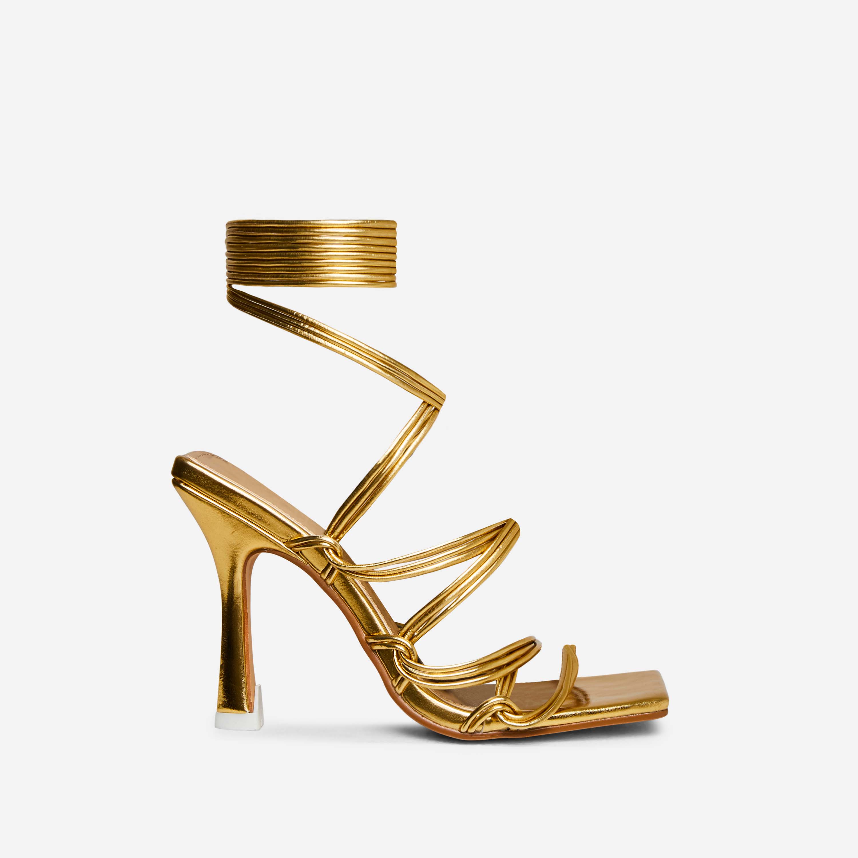 Rio Lace Up Double Strap Square Toe Heel In Gold Faux Leather, Gold (EGO SHOES)