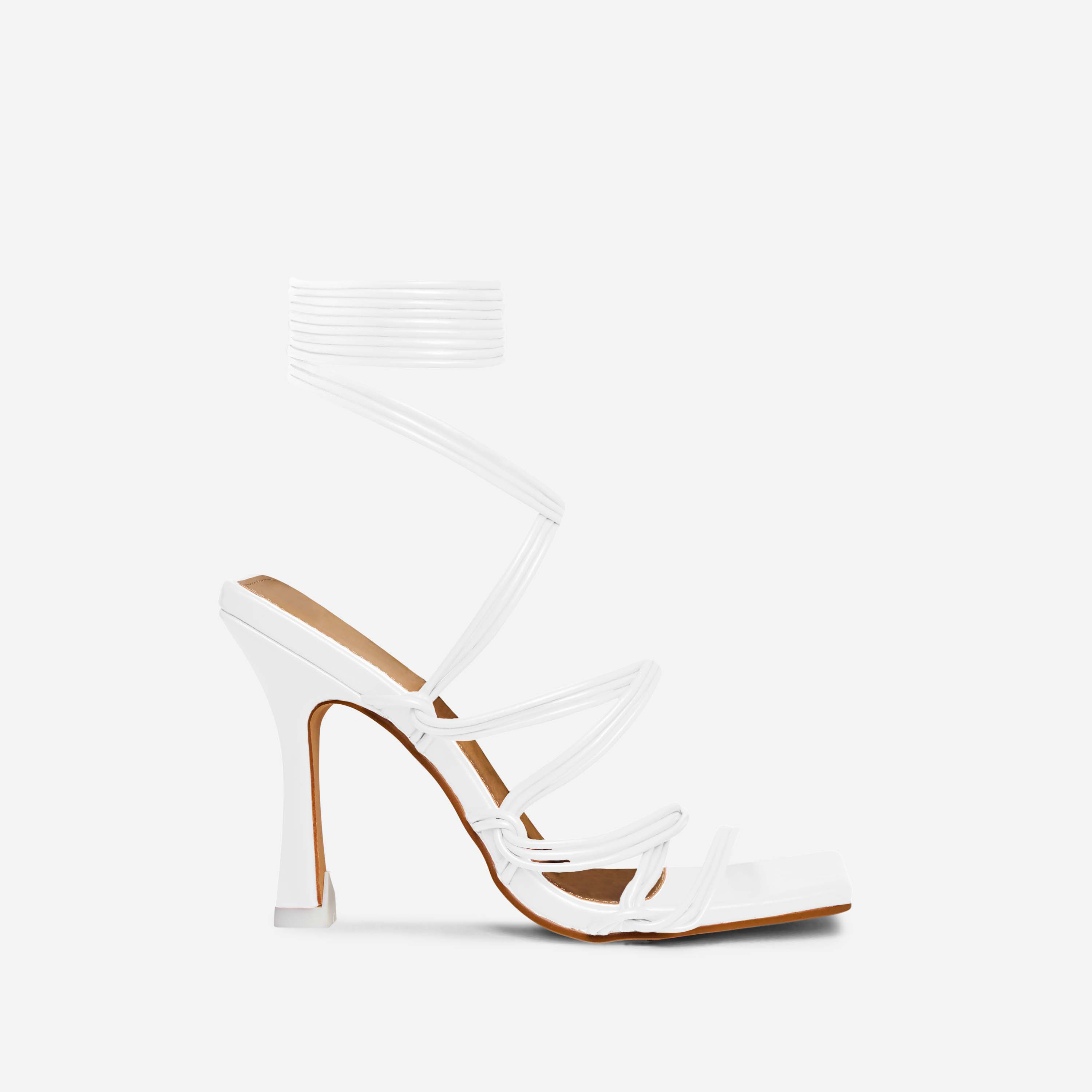 Rio Lace Up Double Strap Square Toe Heel In White Faux Leather, White (EGO SHOES)