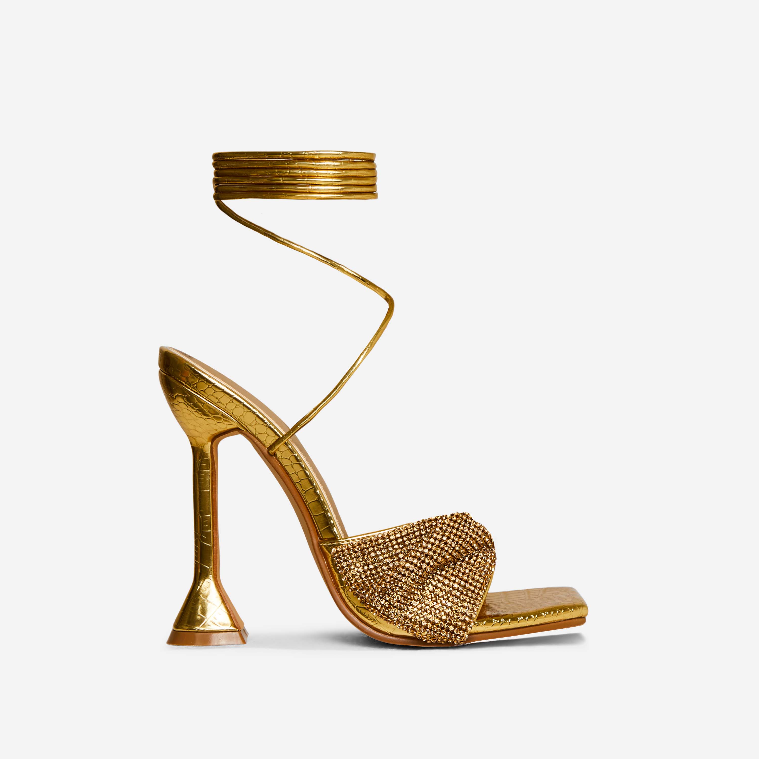 Sami Lace Up Diamante Bow Detail Square Toe Sculptured Heel In Gold Faux Leather, Gold (EGO SHOES)