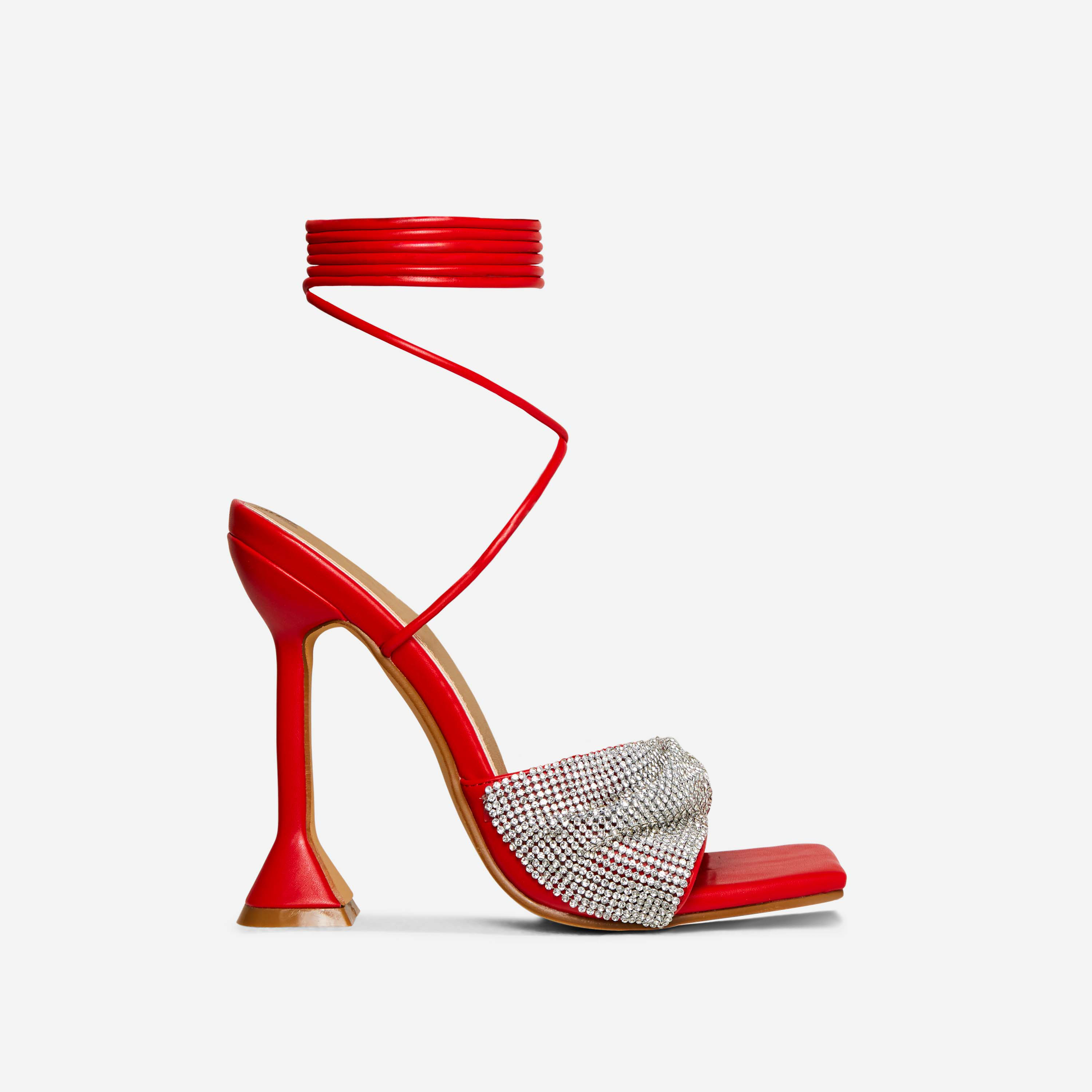 Sami Lace Up Diamante Bow Detail Square Toe Sculptured Heel In Red Faux Leather, Red (EGO SHOES)