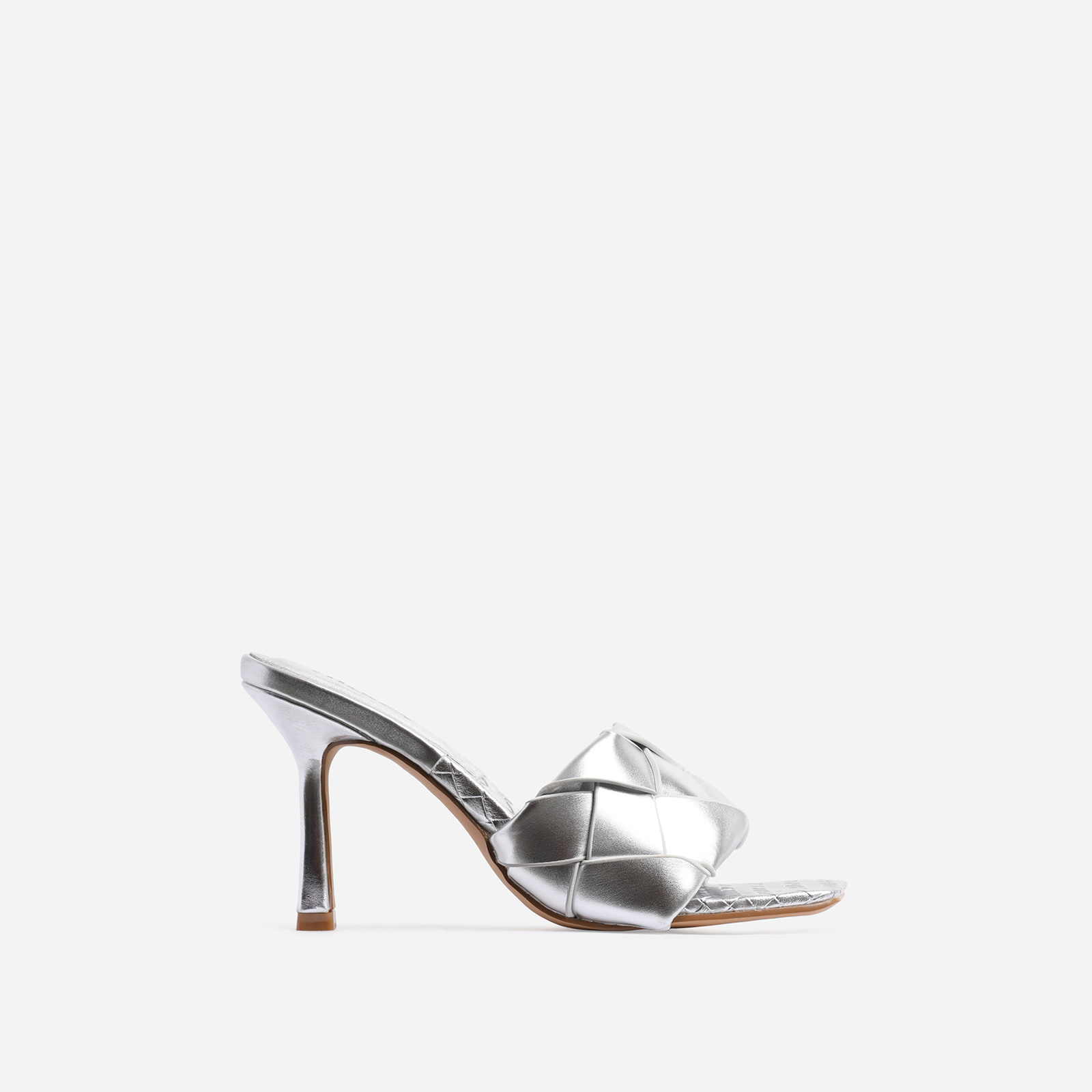 Turntup Woven Square Peep Toe Mule In Metallic Silver Faux Leather, Silver (EGO SHOES)