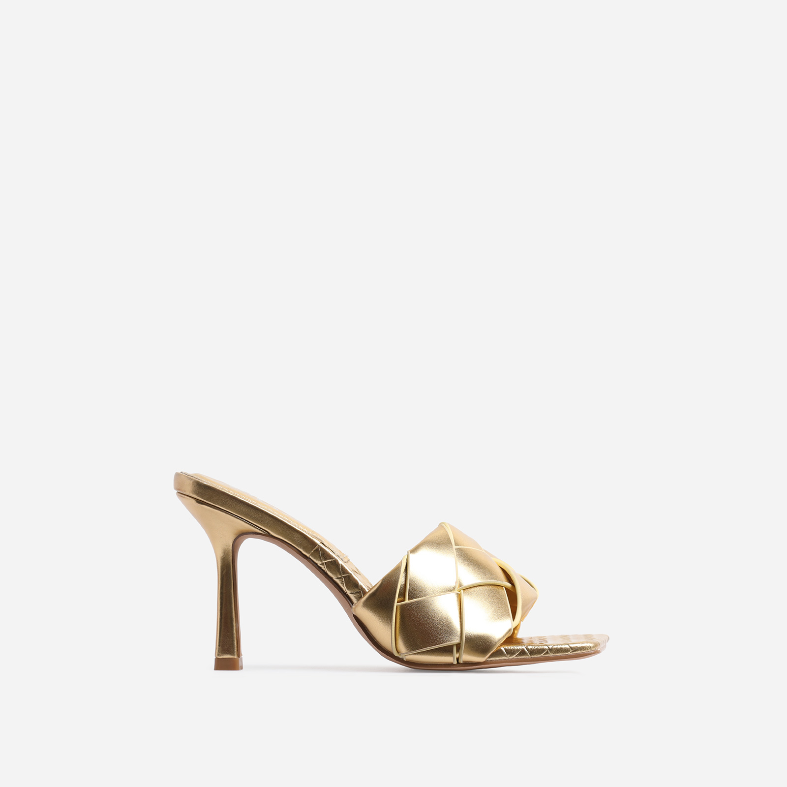 Turntup Woven Square Peep Toe Mule In Metallic Gold Faux Leather, Gold (EGO SHOES)