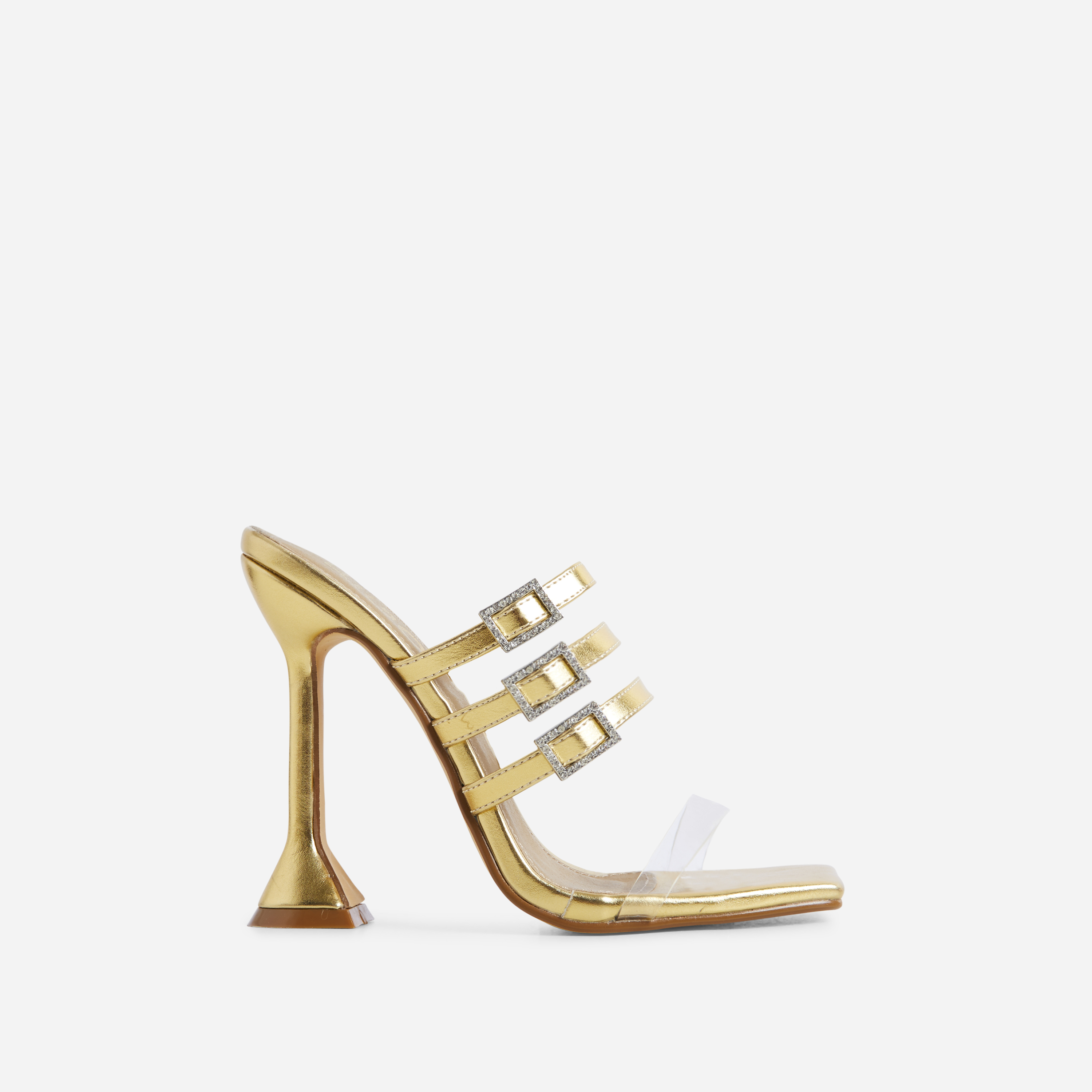 Sariyah Strappy Diamante Buckle Square Toe Statement Heel Mule In Gold Faux Leather, Gold (EGO SHOES)