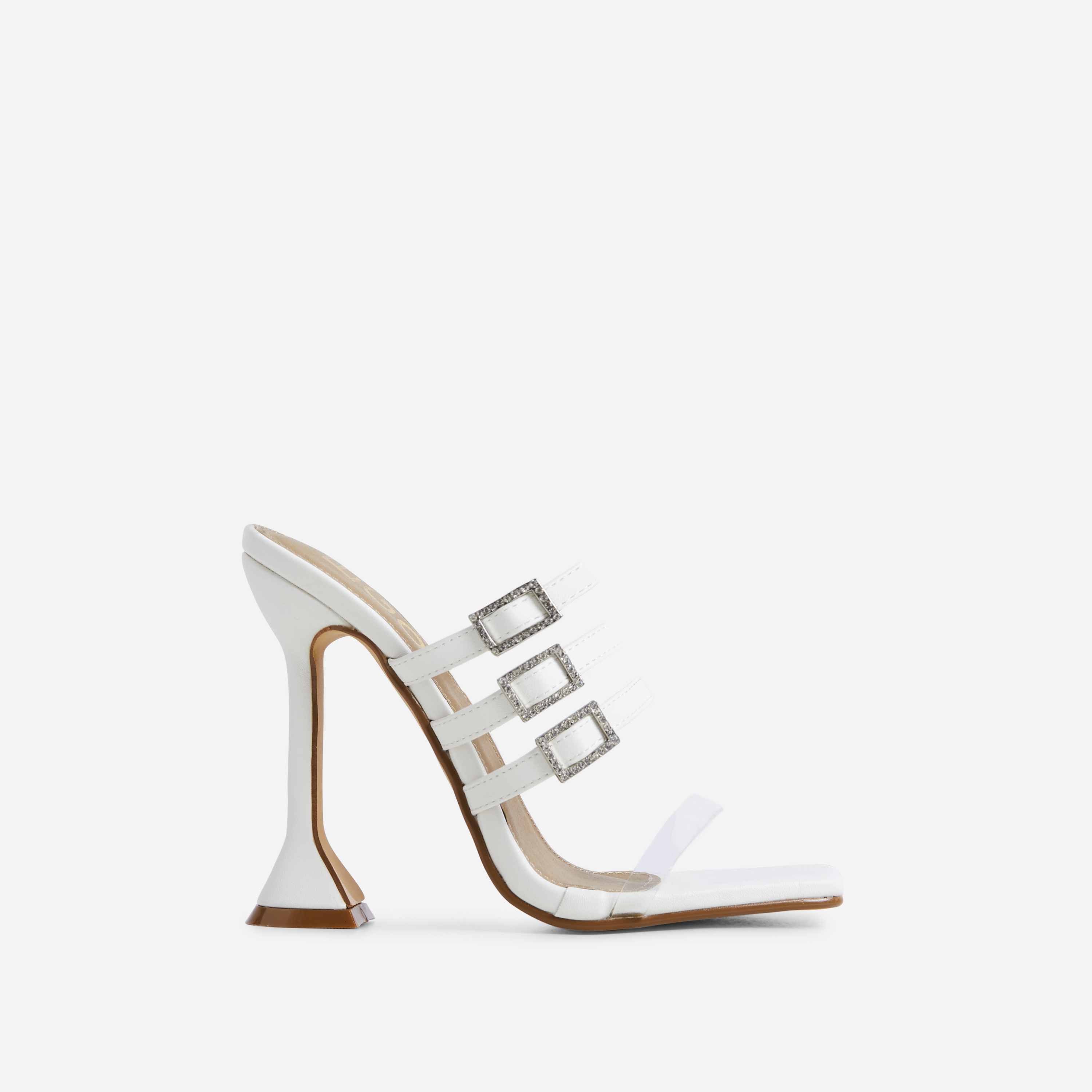 Sariyah Strappy Diamante Buckle Square Toe Statement Heel Mule In White Faux Leather, White (EGO SHOES)