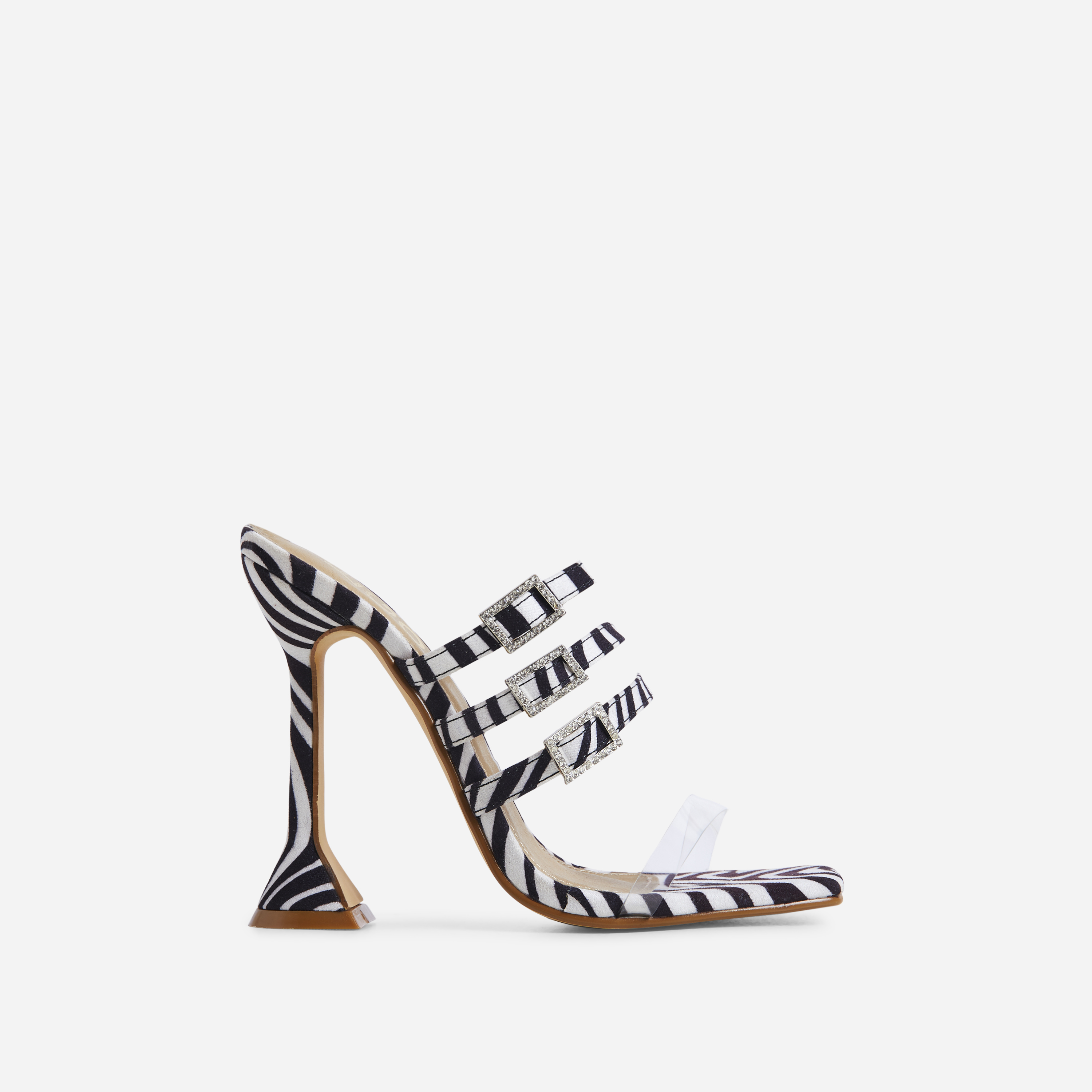 Sariyah Strappy Diamante Buckle Square Toe Statement Heel Mule In Black Zebra Print Faux Suede, Black (EGO SHOES)